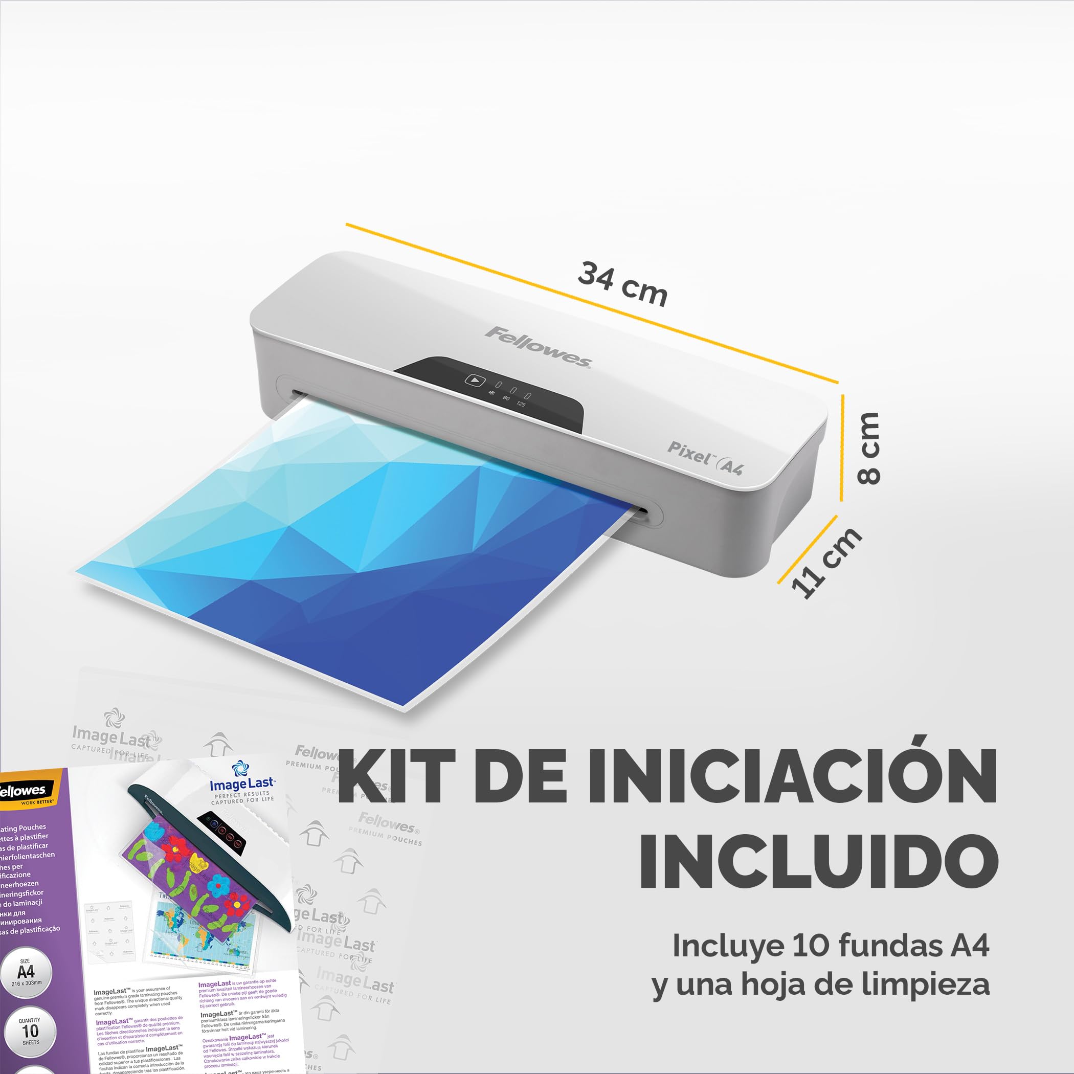 Fellowes - Plastificadora Pixel A4, para uso ocasional, 125 micras, incluye 10 fundas gratis - libre de atascos