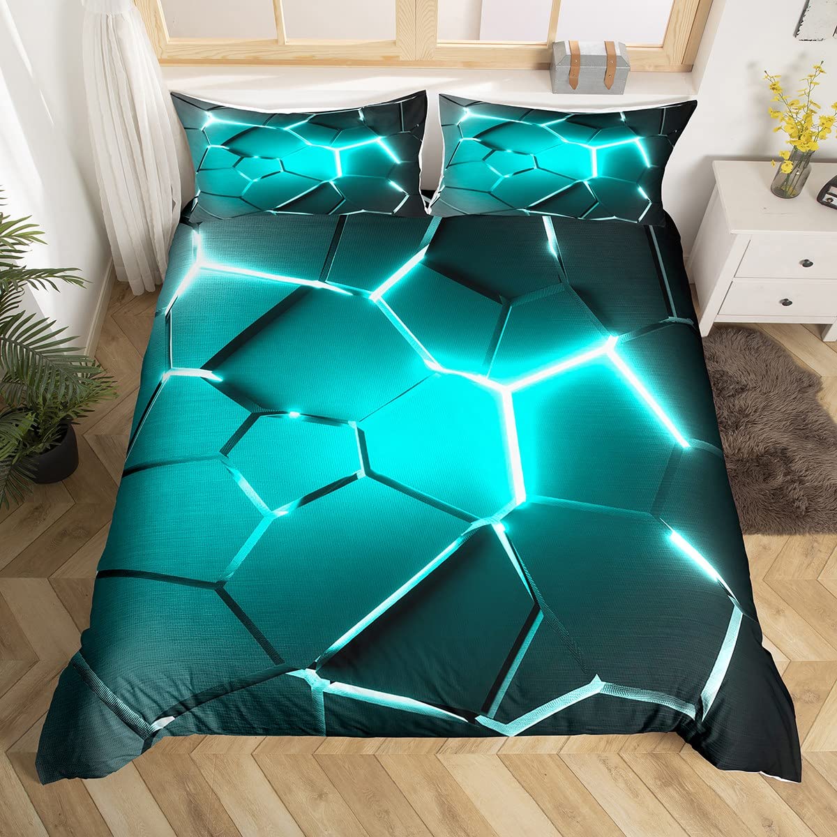 Honeycomb Bedding Set Hexagonal Ombre Teal Comforter Cover for Kids Boys Girls Geometrical Duvet Cover Breathable Beehive Vintage Modern Geometric Bedspread Cover Double Zipper