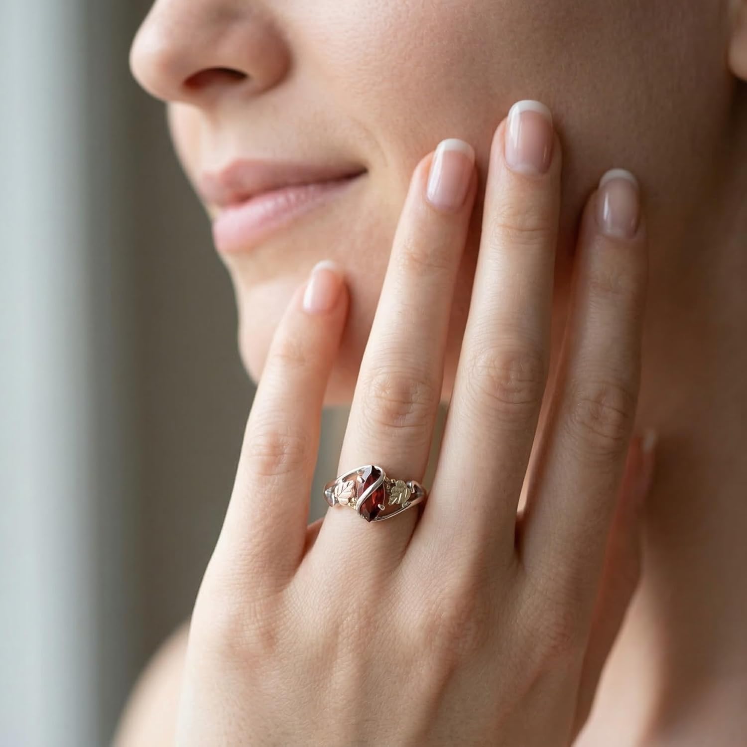 Sterling Silver .90 Ct Faceted Garnet Marquise Ring, 12k Green and Rose Black Hills Gold