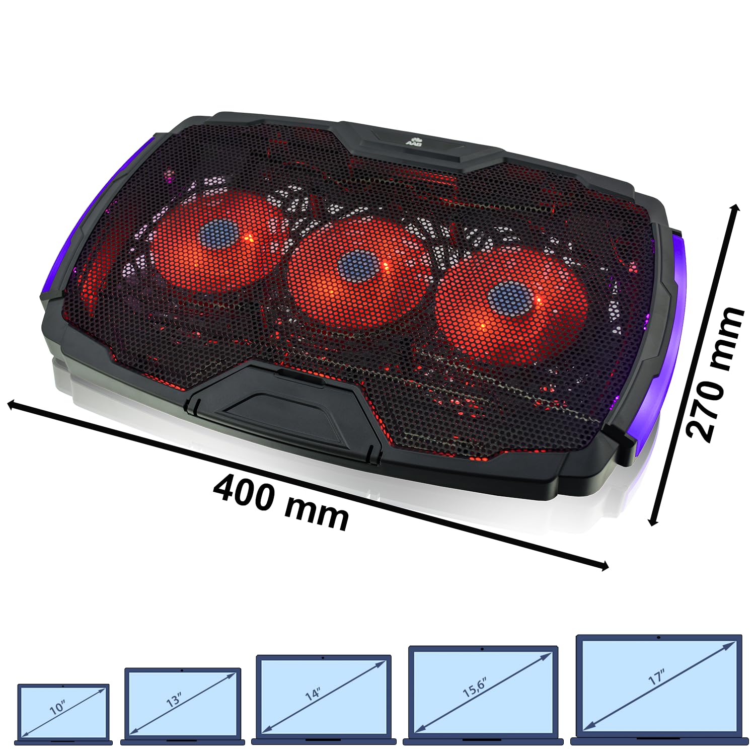 AABCOOLING VELA -Podstawka Chłodząca do Laptop-ów Gamingowych 10-17", 3 Ciche, Wydajne Wentylatory LED - Podświetlenie RGB, Nóżki Zwiększające Wysokość i Kąt, Lekkie i Wydajne Chłodzenie Podkładka
