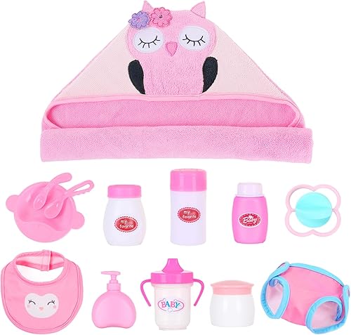 Miniatura 6 de Ecore Fun Juego de accesorios para muñecas de bebé de 12 a 18 pulgadas, juego de cambio y hora de baño con manta de búho, botella, juguete, babero,