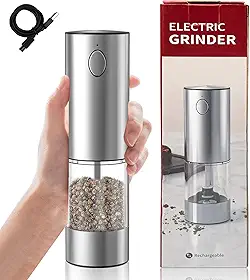 Moedor Elétrico de Pimenta, Recarregável por USB, Ajuste de Espessura, Moagem Automática com Um Clique, Material em Aço Inoxidável e Cerâmica
