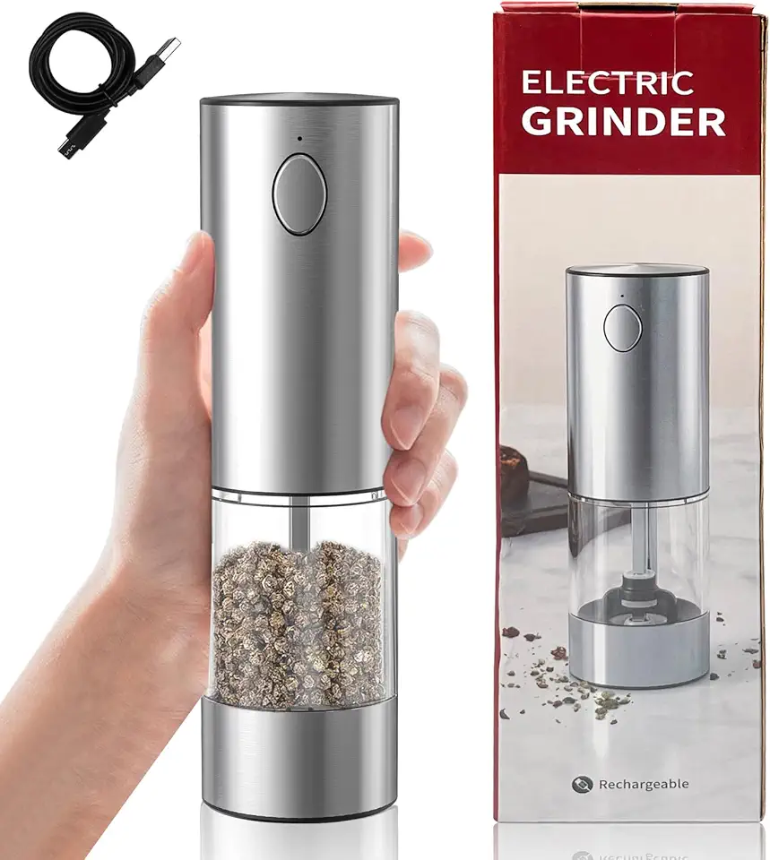 Moedor Elétrico de Pimenta, Recarregável por USB, Ajuste de Espessura, Moagem Automática com Um Clique, Material em Aço Inoxidável e Cerâmica
