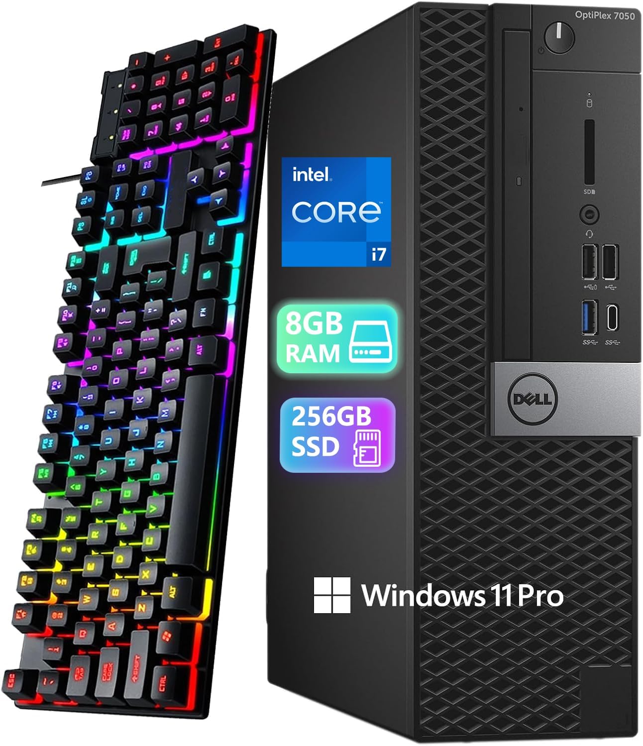Dell Optiplex 7050 SFF Desktop, Windows 11 Pro, 8GB RAM, 256GB SSD, Core i7-7700 3.6GHz 8Threads, USB WiFi+BT, Keyboard, Mouse, No DVD (Renewed)