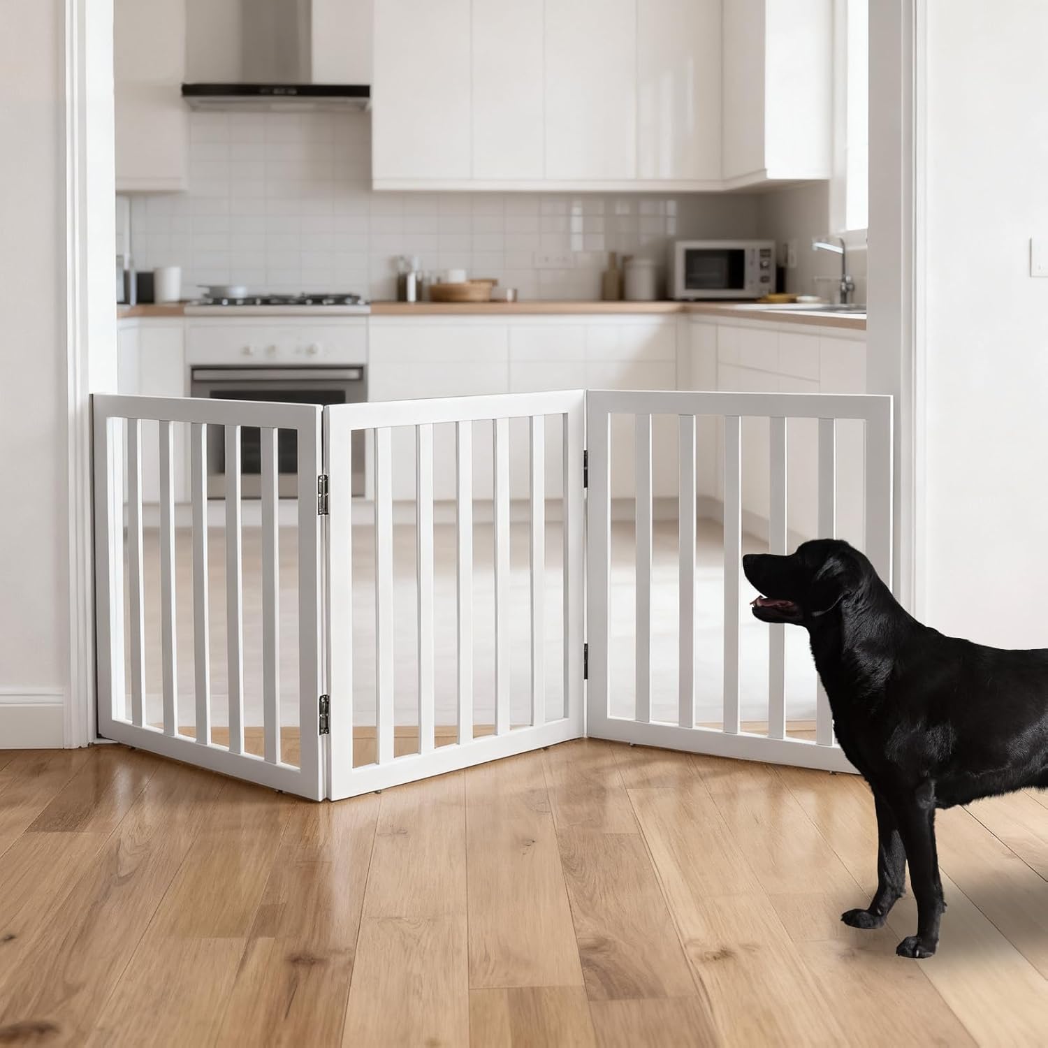 ZJSF Freestanding Indoor Dog Gate for House Foldable Wood White Puppy Gate for Doorways Pet Gate for Stairs Extra Wide Pet Fence 24 Height 3 Panels