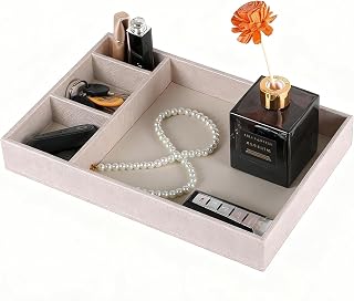 Desktop Storage Organizer, Nightstand or Dresser Organizer, Valet Tray, Entry Table Organizer, 4 Compartments,PU Leather Drawer Storage Organizer Decorative Trays(Blush Pink)