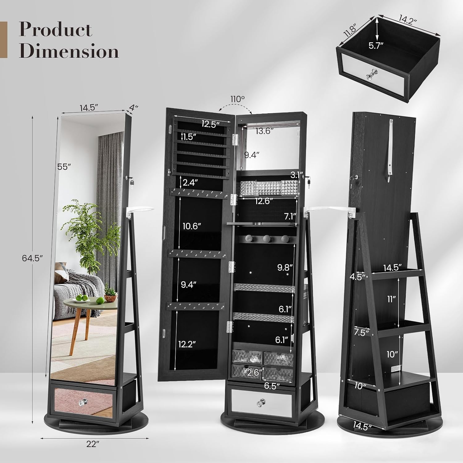 LOKO 360° Swivel Jewelry Cabinet with Full-Length Mirror, Lockable Jewelry Armoire with Hair Dryer Rack & Rear Storage Shelves, Floor Standing Jewelry Organizer with 6 LED Lights (Black)