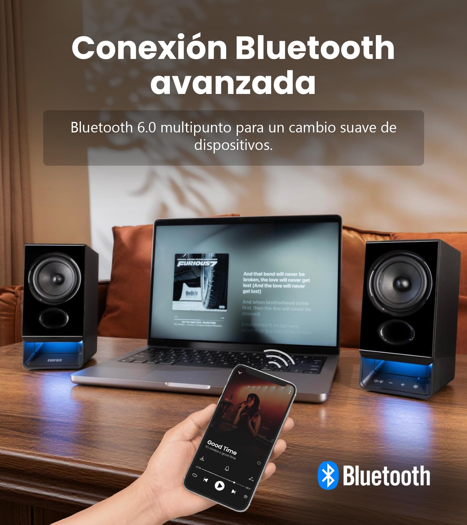 Edifier R20BT Altavoces PC USB, Controladores Full-Range 2.75'', Bluetooth 6.0, Controles táctiles, Entrada AUX, Jack Auriculares, luz Ambiental y perfiles de Sonido Personalizables por App - Negro