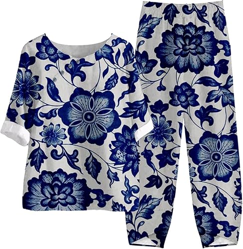 Conjuntos de dos piezas para mujer, de verano, algodón, lino, media manga, blusas sueltas y pantalones capri de cintura alta, conjuntos deportivos