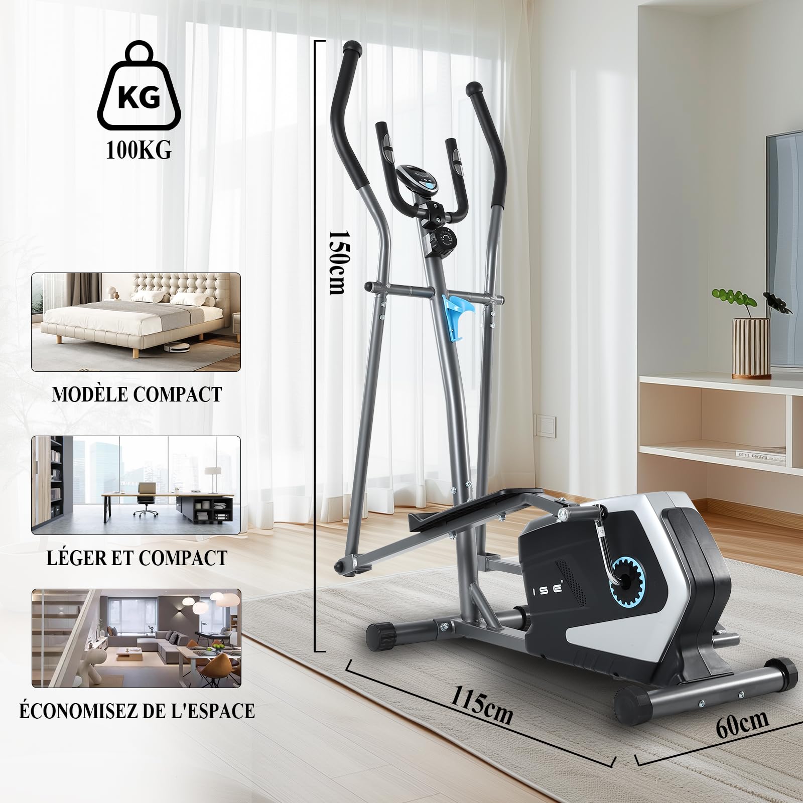 ISE Vélo Elliptique d'Appartement, Crosstrainer Adulte Magnétique, Vélos Elliptiques Ecran LCD/Impulsion, Velo Elliptique d'Appartement 8 Niveaux Résistance, Elliptique Volant d’Inertie de 8KG