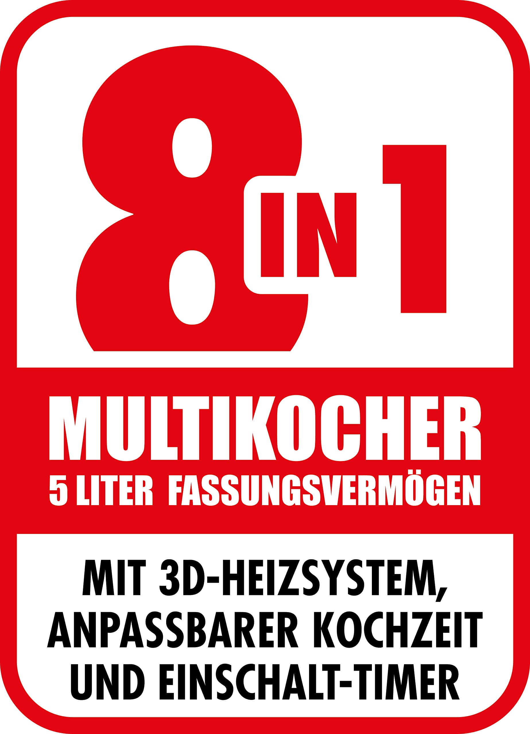 Design Multicook Pro, #42527, 8 in 1 Reiskocher und Multifunktionskocher mit voreingestellten Programmen, 5 Liter, 3D-Heizsystem und Warmhaltefunktion, Schwarz/Metall