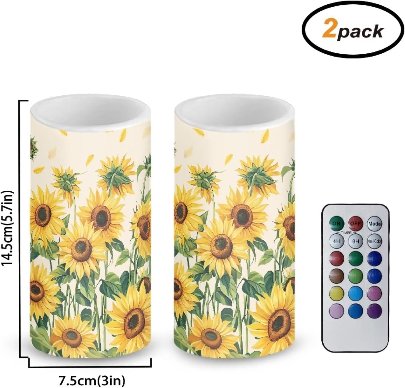 Sunflower Flameless Candles 2 Pack 6 x 3 inch Gold Battery Operated Candles with Multicolor Timer Remote Control LED Fake Candles for Warm Light Dinner Table Home Decor