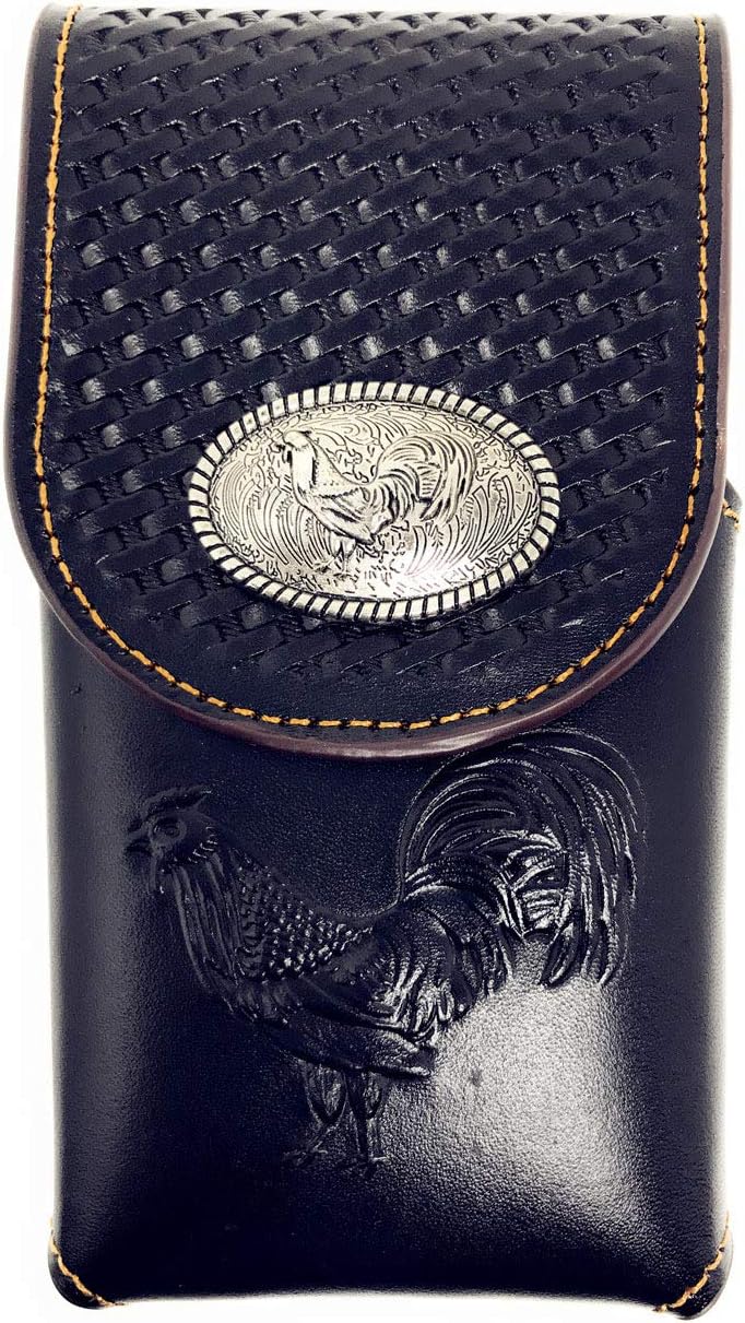 Texas West Western Cowboy Tooled Basketweave Leather Rooster Concho Belt Loop Cellphone Holster Case in 2 Colors (Brown)