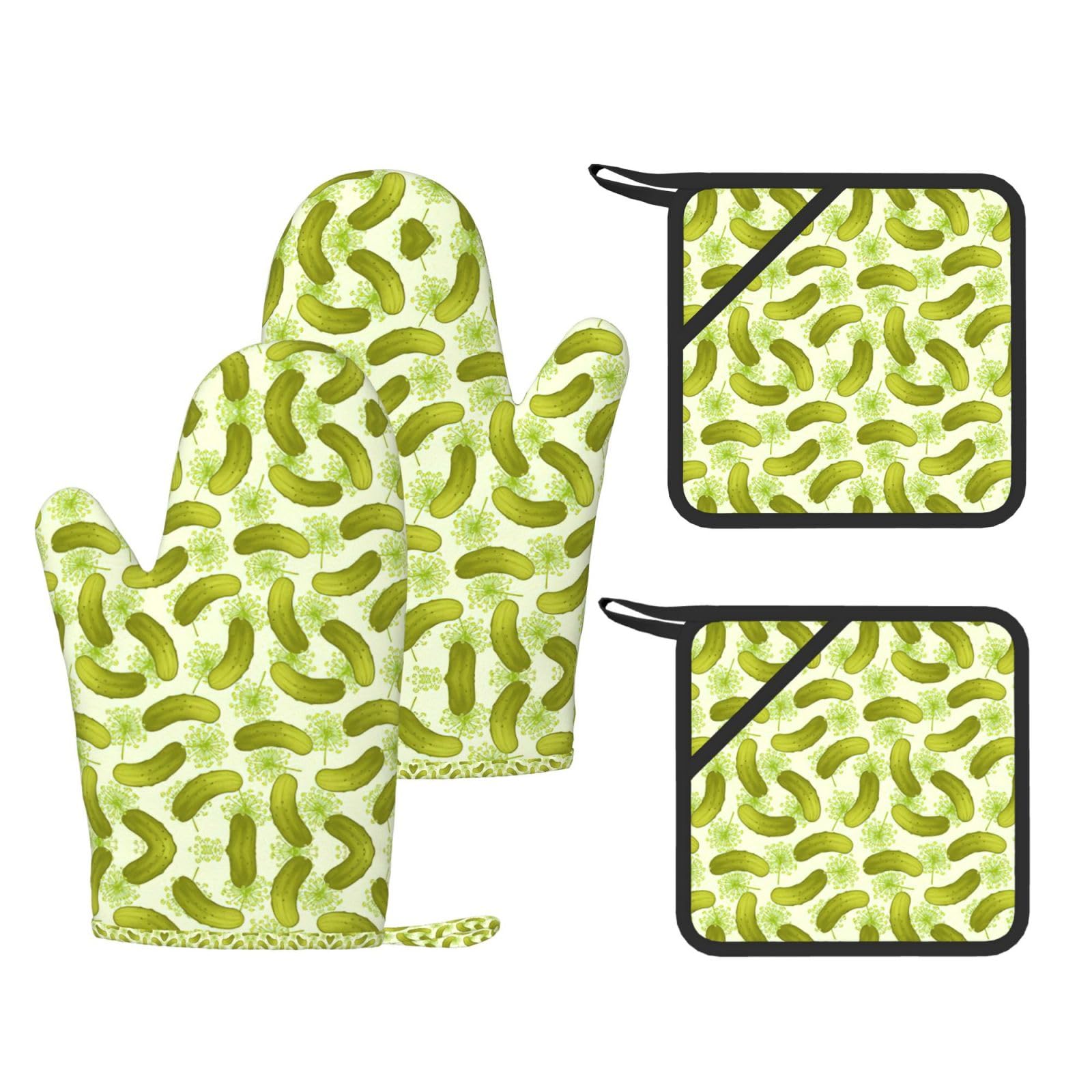 Sushi Dill Pickles Trendy Printed Kitchen Set with Heat Resistant Gloves & Non-Slip Hot Pads for Baking & Grilling