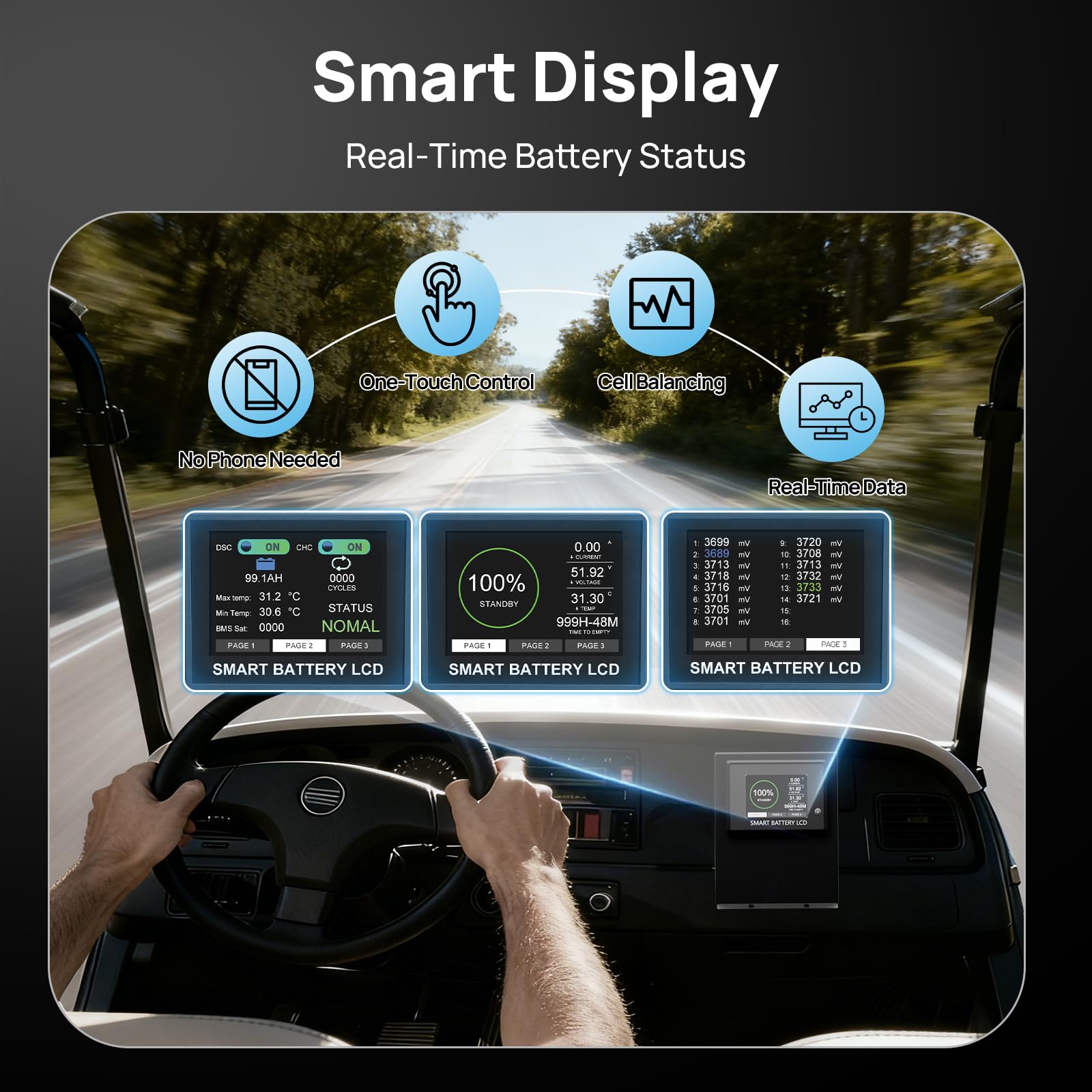DCHOUSE Batteria LiFePO4 48V 50Ah con Caricatore 18A, Bluetooth e Monitor, BMS 100A, Protezione Bassa Temperatura, Carcassa Metallica, per Golf Cart, Camper e Sistema Solare