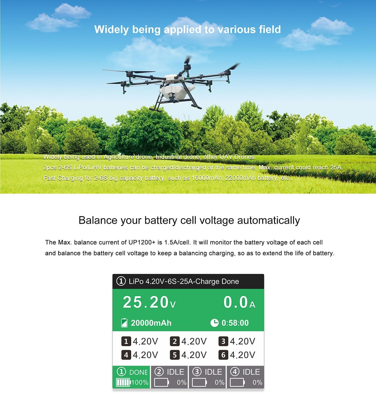 Drone flying over a field, illustrating the application of the UP1200+ charger