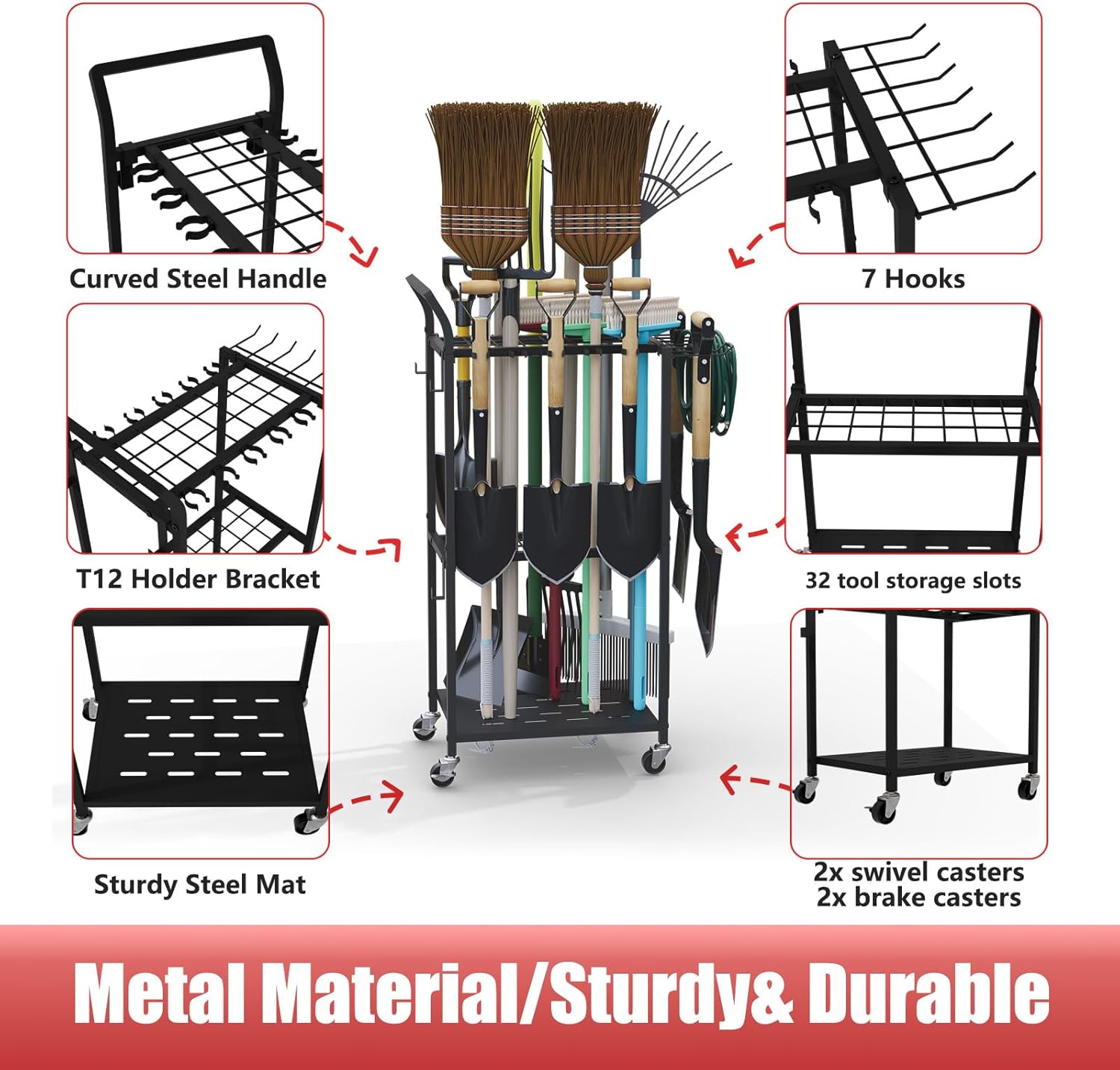 Faesun Garden Tool Organizer with Wheels, Heavy Duty Rolling Yard Tool Rack with 14 Hooks & 5 Slots, 3-Tier Metal Cart Holds 50+ Rakes/Shovels/Brooms, Mobile Lawn Storage for Garage Shed Outdoor