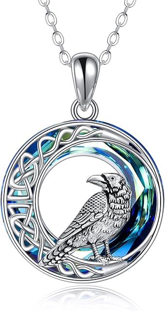 Crow Necklace 925 Sterling Silver Celtic Knot Moon Raven Pendant with Blue Circle Crystal Gothic Viking Animal Lover Jewellery Gifts for Women Unisex