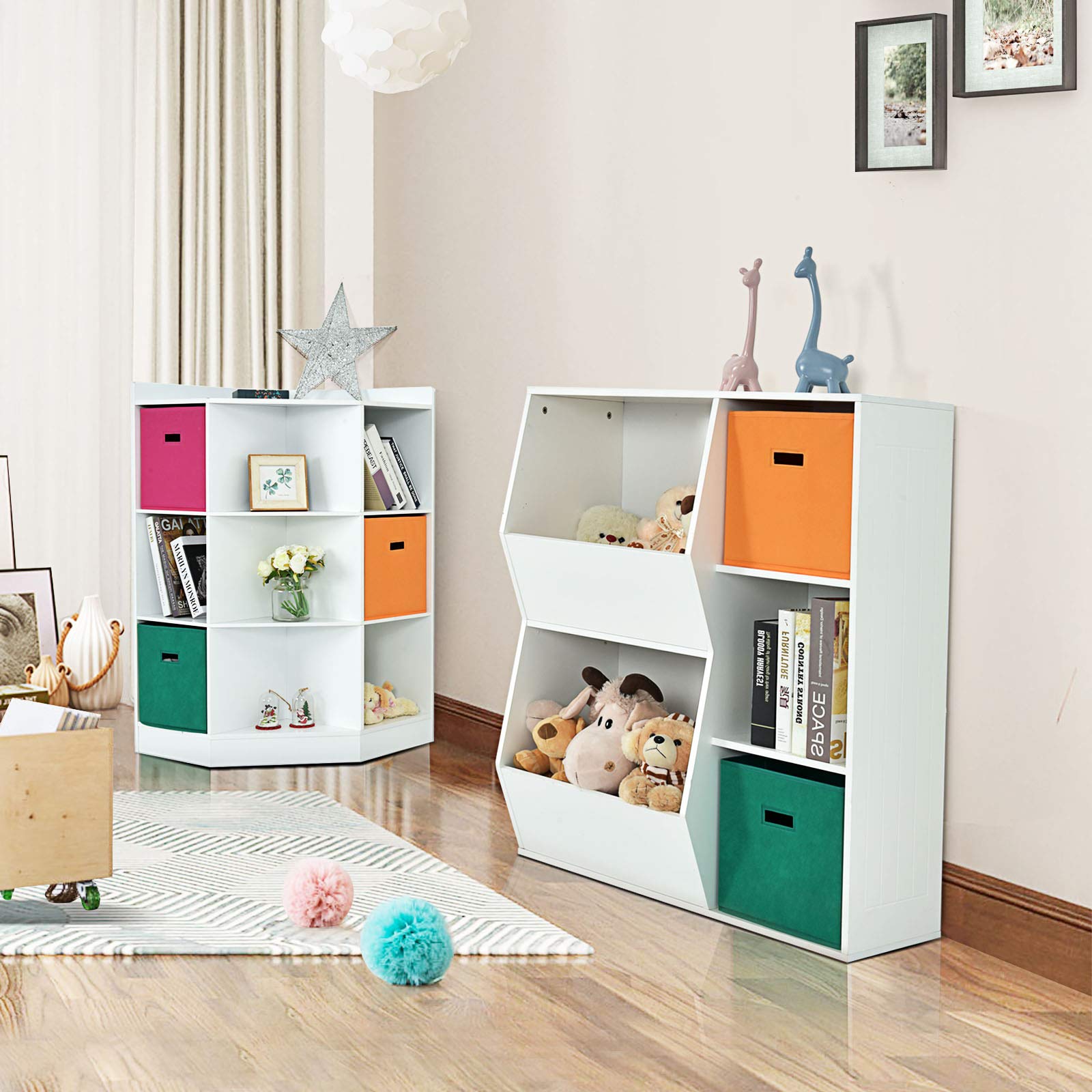 DREAMADE Bibliothèque d'angle Enfant à 3 Niveaux Meuble de Rangement Garçon et Fille avec Tiroirs en Tissu,Dispositif Anti-basculement Étagère pour Jouets,Livres,Chambre,Salon (Blanc, 5 Casiers)