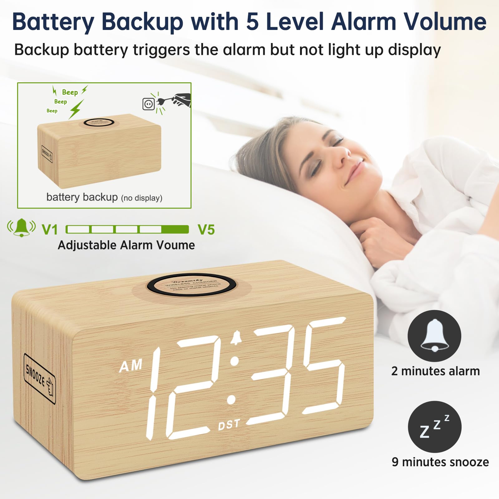 DreamSky Reloj despertador digital de madera con carga inalámbrica para dormitorio | Reloj de mesita de noche con estación de carga, puerto USB, números grandes, volumen ajustable, regulador de brillo, DST