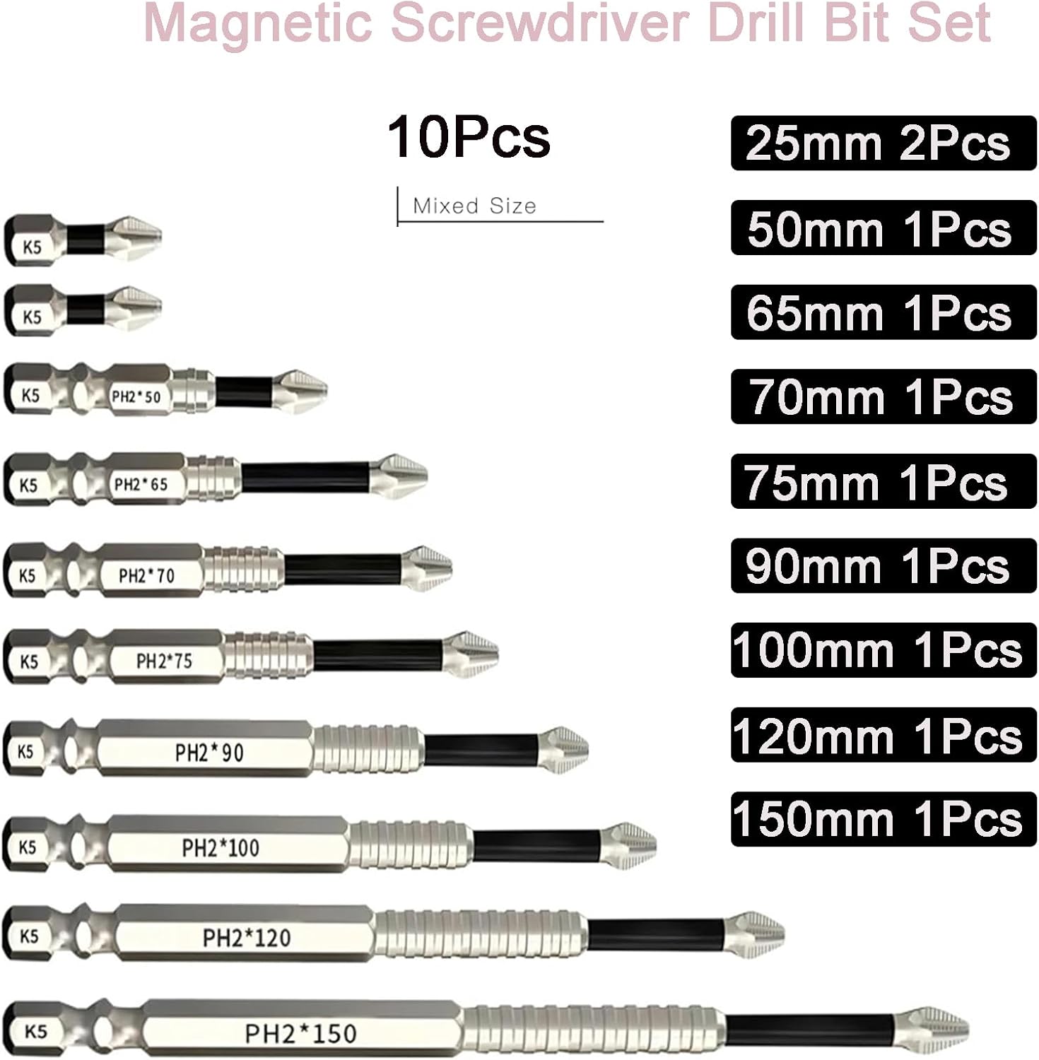 10 Pack PH2 Phillips Bits Set, High Magnetic Screwdriver Drill Bit Set, Anti-Slip S2 Alloy Steel, 1/4'' Hex Shank K5 Impact Bits, 25 50 65 70 75 90 100 120 150mm