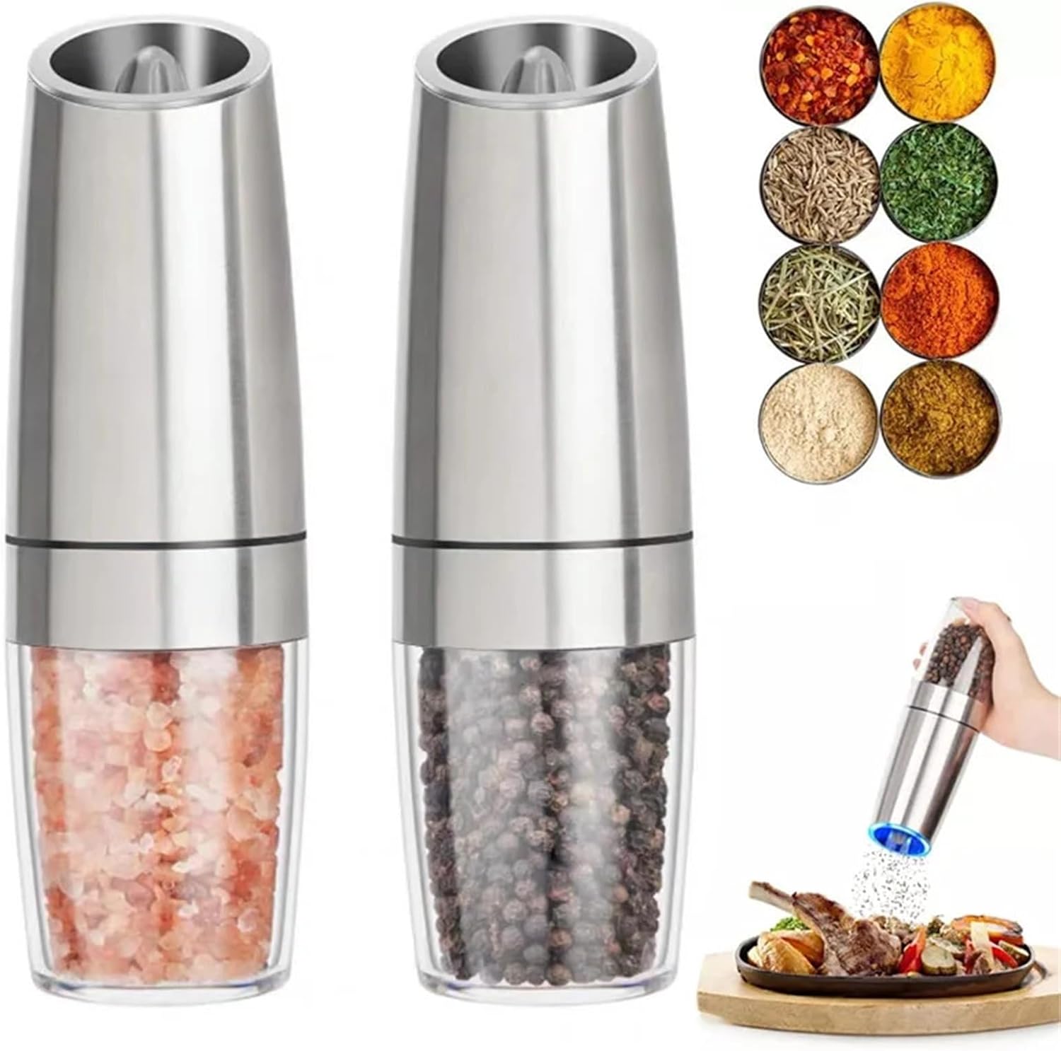 Electric Automatic Salt and Pepper Grinder Set with Gravity LED Light & Adjustable Coarseness(1pcs steel)