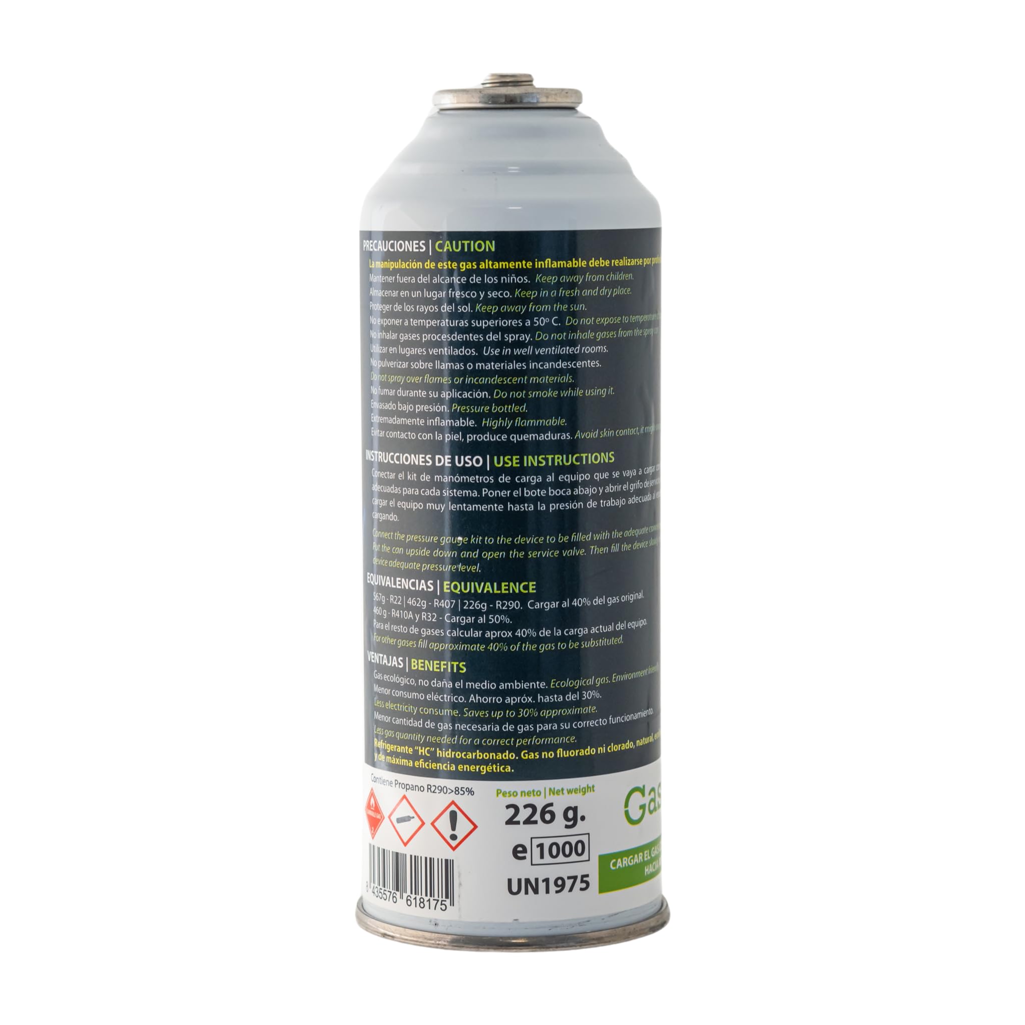 2x Botes GASICA V2 (452g Neto Total) | Gas Refrigerante Ecológico | Equivalente a 900g aprox de R22 | Sustituto R22, R407C y R410A | Kit con Válvula y Manguera