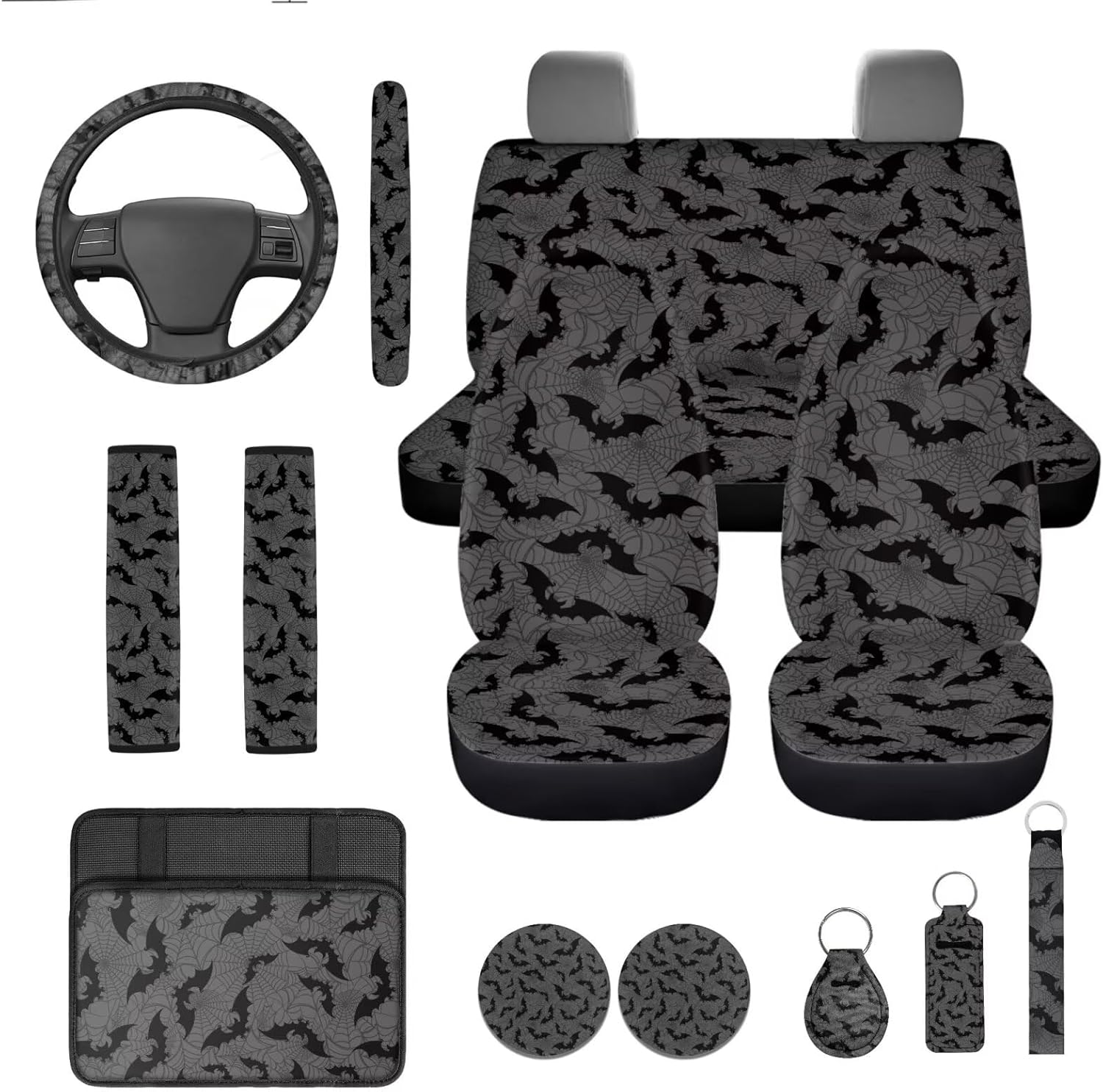 INSTANTARTS Bat 13 Pack Car Accessories Set Car Seat Cover Set Seat Belt Cover Steering Wheel Cover Key Fob Coaster Lipstick Holder 13pcs Auto Accessories