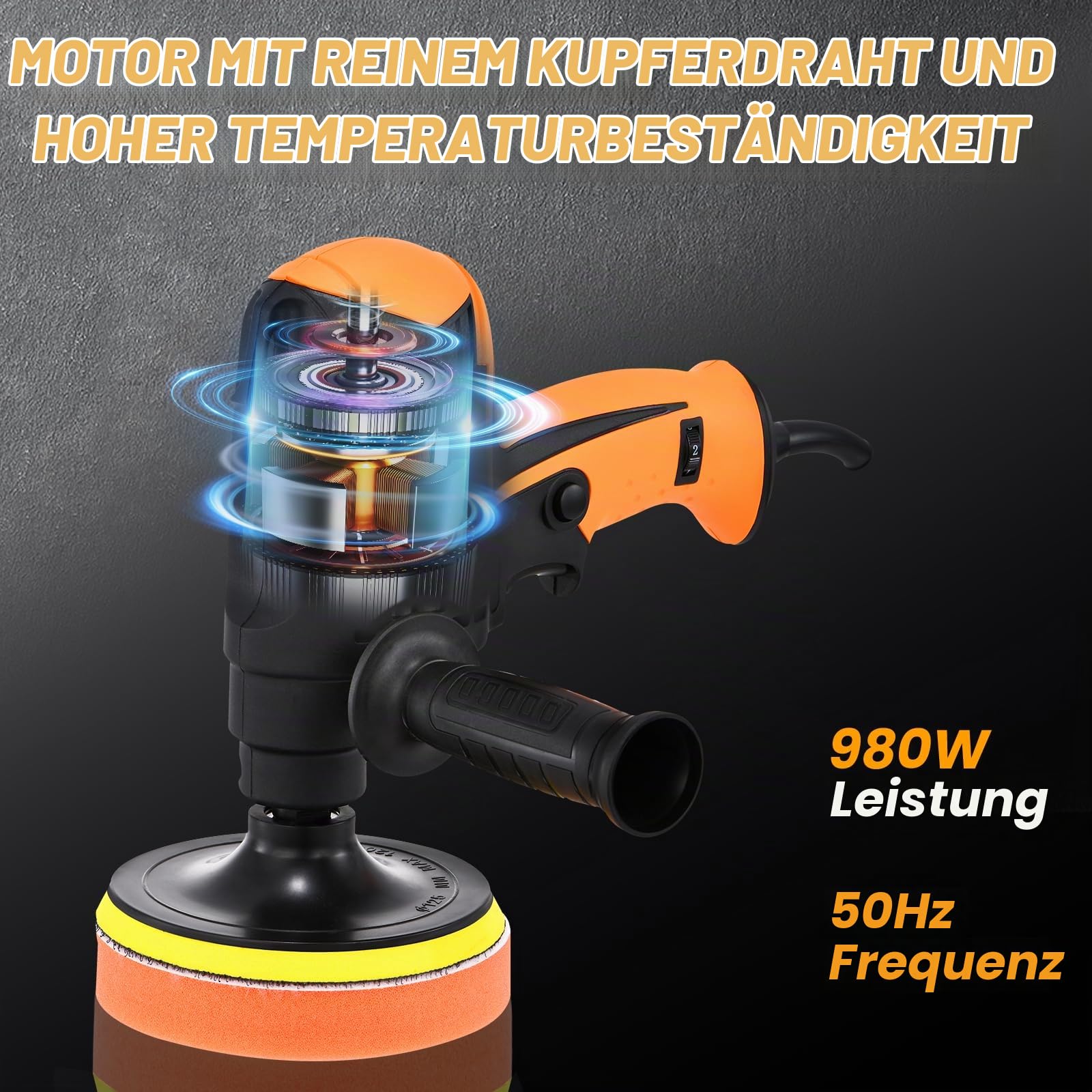 Weytoll Poliermaschine Set, 980W Poliermaschinen mit 14tlg Polierschwämme+11 Zubehörteile, 850-3200 U/min 6 Geschwindigkeiten Einstellbar Auto Poliermaschine, zum Wachsen und Polieren von Autos