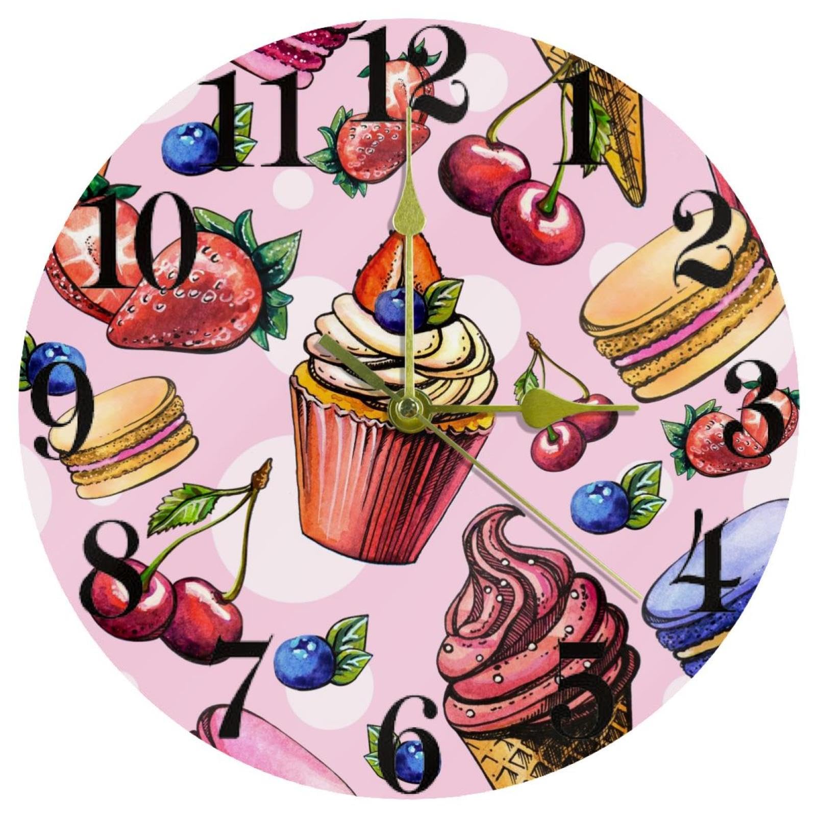 Horloge murale ronde élimine le bruit du tic-tac Cupcakes Marccon pour un sommeil protégé