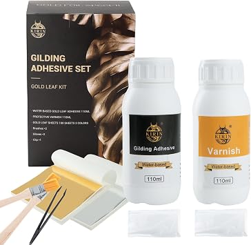 KIRIN Gold Leaf Gilding Adhesive Set, 110ml Water Based Metal Leaf Glue, 110ml Varnish, 100Pcs Gold&Silver Leaf Sheets, 2 Brushes, 2 Gloves, 1 Clip, for Arts, Furniture,Crafts and Home Decoration
