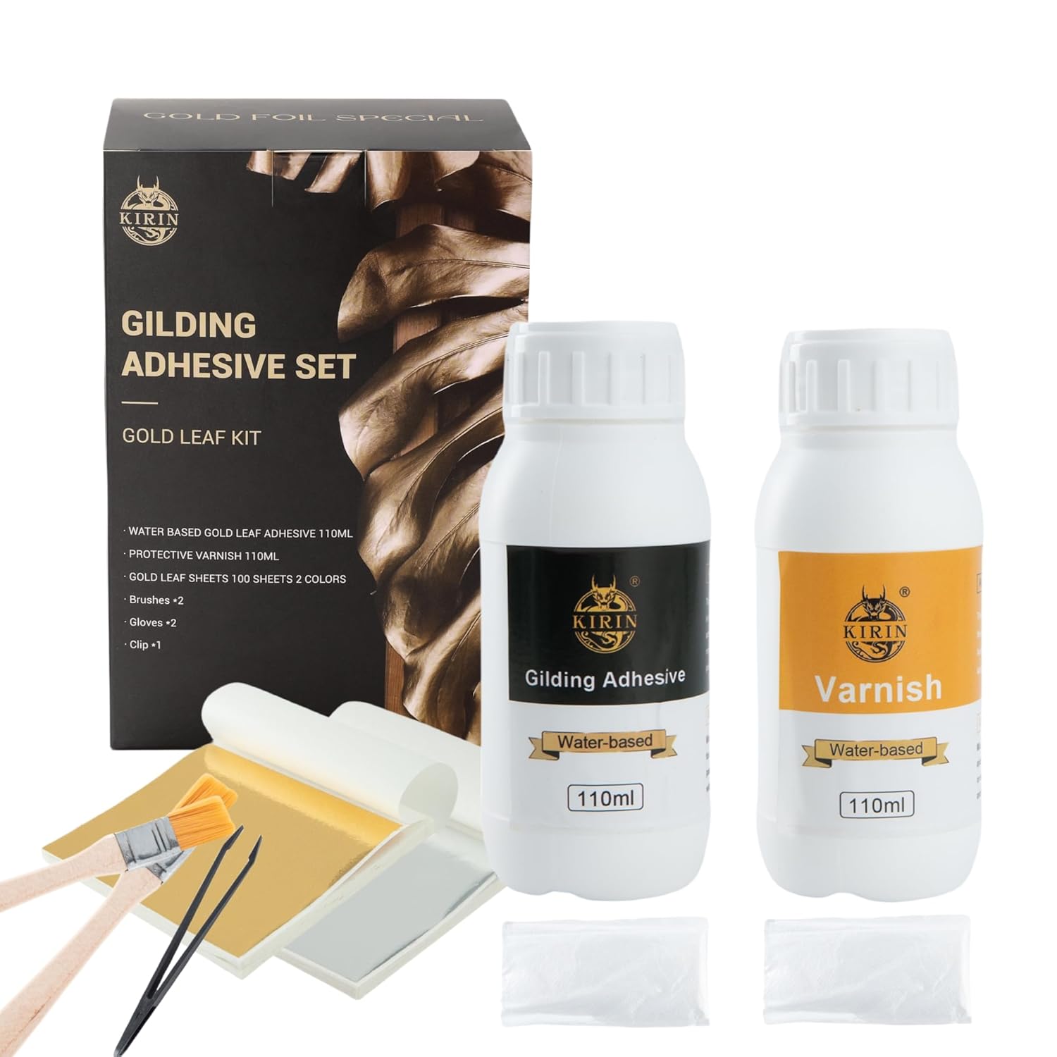 KIRIN Gilding Set, 110ml Gold Leaf Glue, 110ml Protective Varnish
