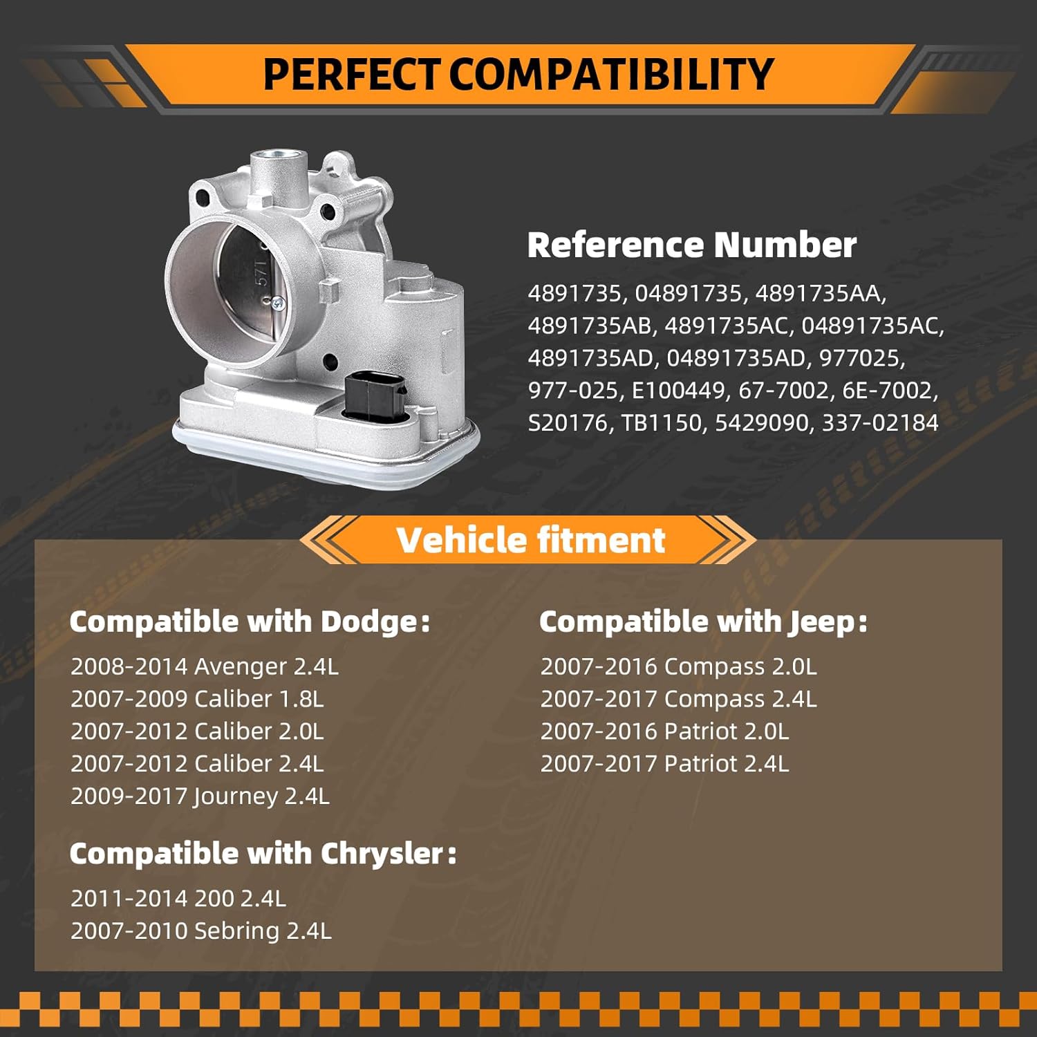 Electronic Throttle Body Compatible with 2011-2014 Chrysler 200 2.4L, 2008-2014 Dodge Avenger 2.4L, 2007-2012 Caliber - Replacement for 04891735AC 04891735AD