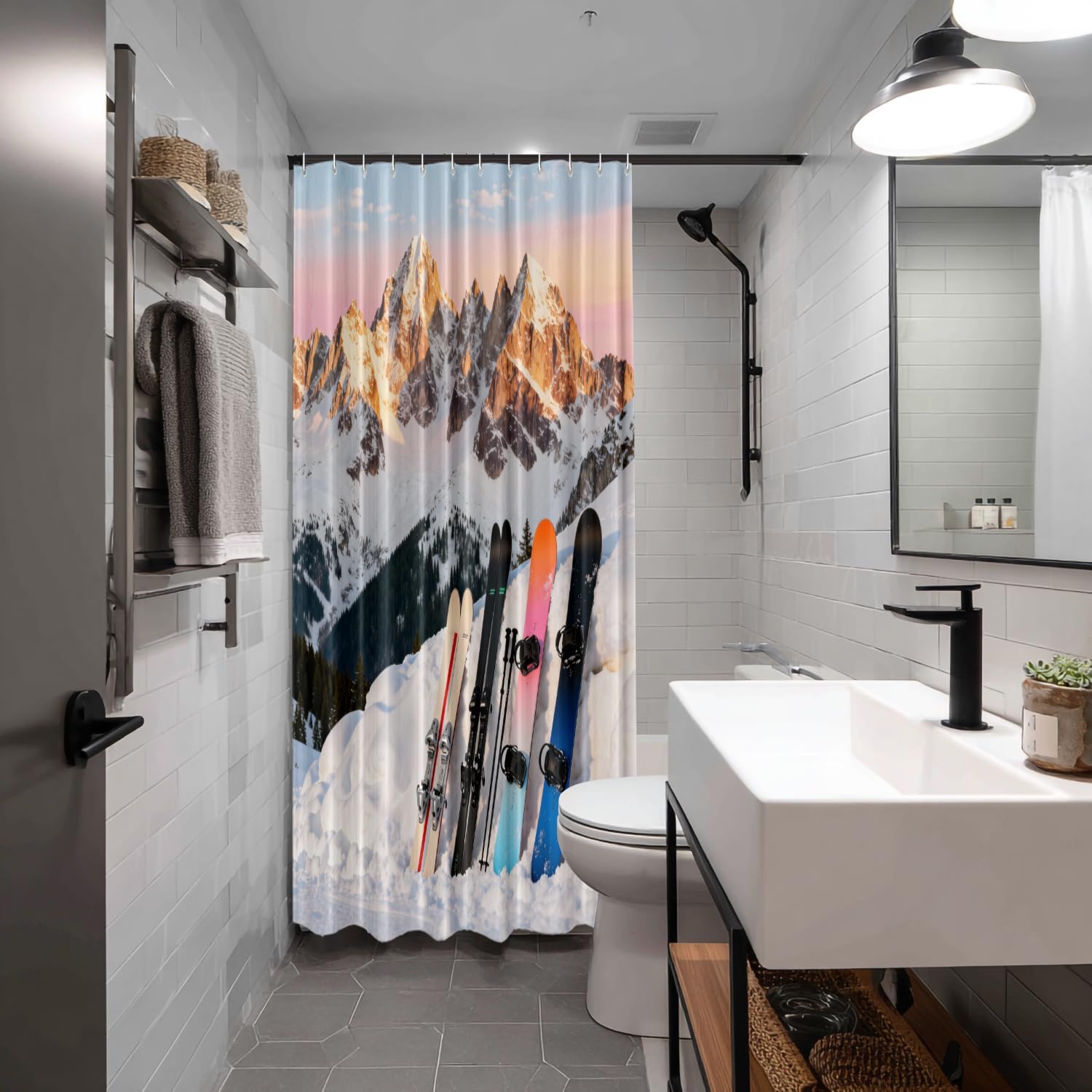 Batmerry Snow Mountains Sunset Sky Decorative Shower Curtain, Three Snowboards Ski Standing Snow Slope Mountains Cute Long wide with Rust Proof Grommets for Bathroom Waterproof Washable