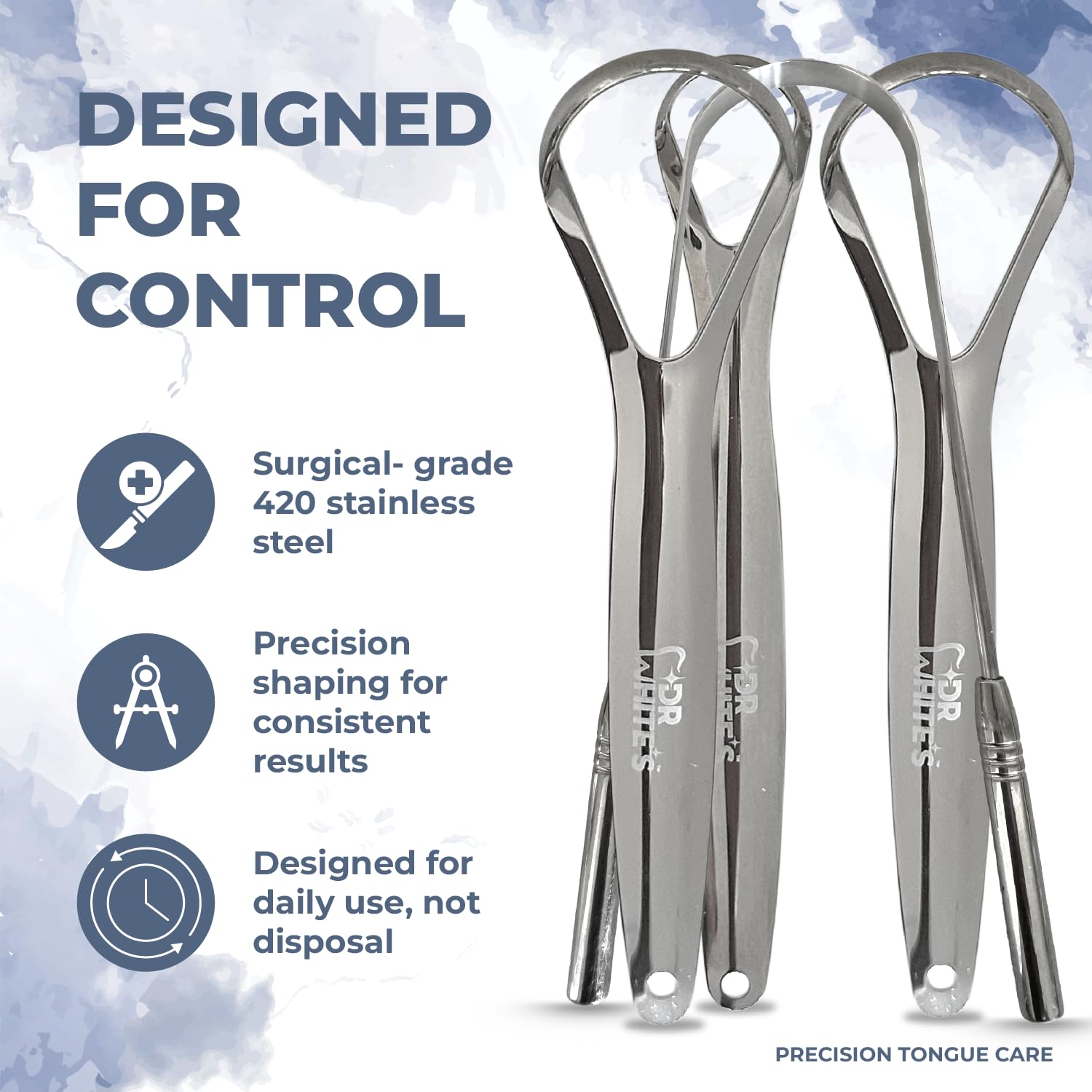 Dr. White’s Precision Tongue Care™ Morning Routine Set – Precision Duo | 2 Single Grip 420 Stainless Steel Cleaners (Standard + Compact) + Pure Pineapple & Cherry Bloom