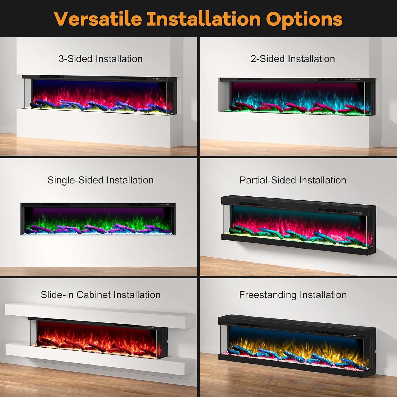 60" 3 Sided Electric Fireplace Inserts, Smart 3D Built-in Linear Fire Place, Multi-Color of Combinations, APP & Remote Control, Heater 1500W,Cracking Sound, 9H Timer, Crystal & Log