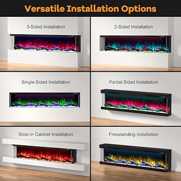 50 3 Sided Electric Fireplace Inserts, Smart 3D Built-in Linear Fire Place, Multi-Color of Combinations, APP & Remote Control, Heater 1500W,Cracking Sound, 9H Timer, Crystal & Log
