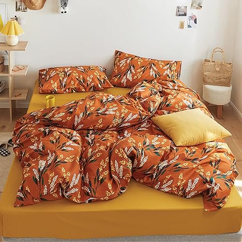 Luxlovery Juego de edredón floral Cal King, juego de ropa de cama bohemio naranja botánico para mujeres y niñas, estilo vintage, transpirable,