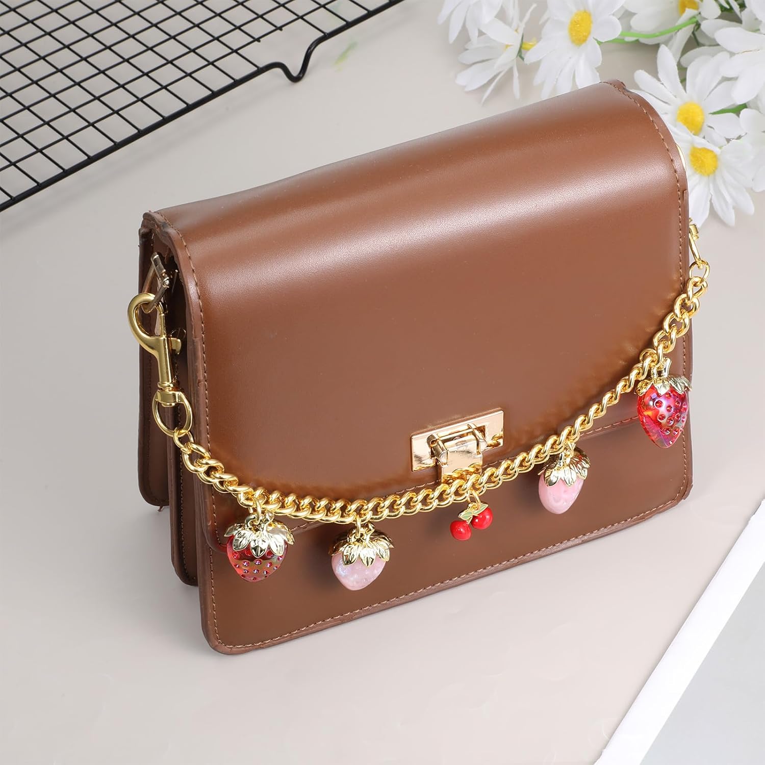 Gold Bag Charm Chain, Strawberry Gold Decorative Bags Chain Purse Charms for Handbags Strawberry Cherry Enamel Pendant for Shoulder Bags, Handbags, Purse - Image 7
