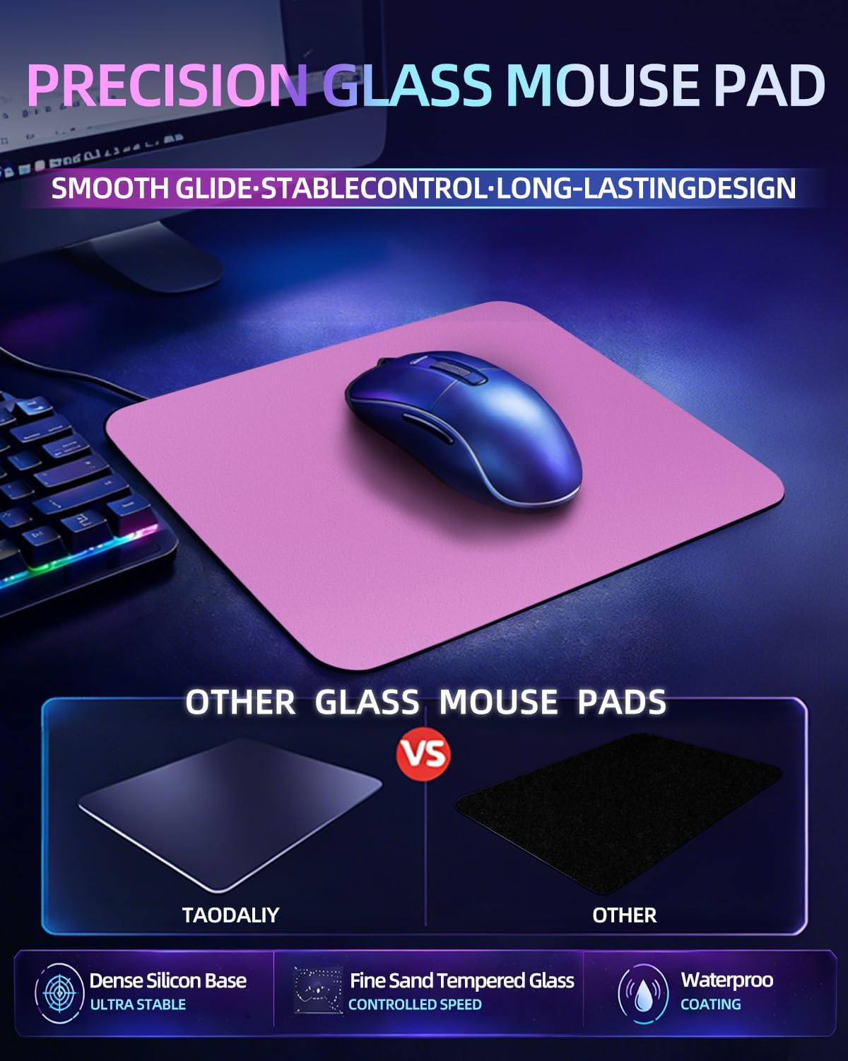 Taodaily Waterproof Glass Gaming Mouse Pad – 19.29 * 16.53 inch, Tempered Glass Surface, Balanced Speed & Control for FPS Gaming, Anti-Slip Base, Durable & Portable,Pink (M)