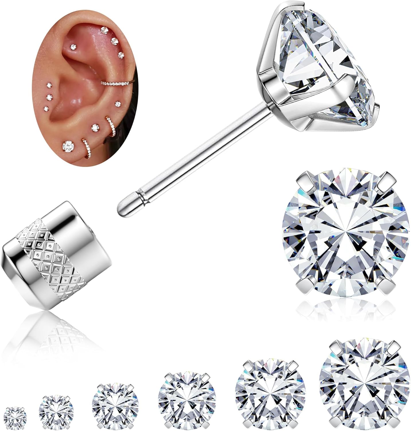 Jstyle Threadless Flat Back Earrings,Hypoallergenic Surgical Steel Earrings for Sensitive Ears, Cubic Zirconia Silver Stud Earrings Set for Cartilage