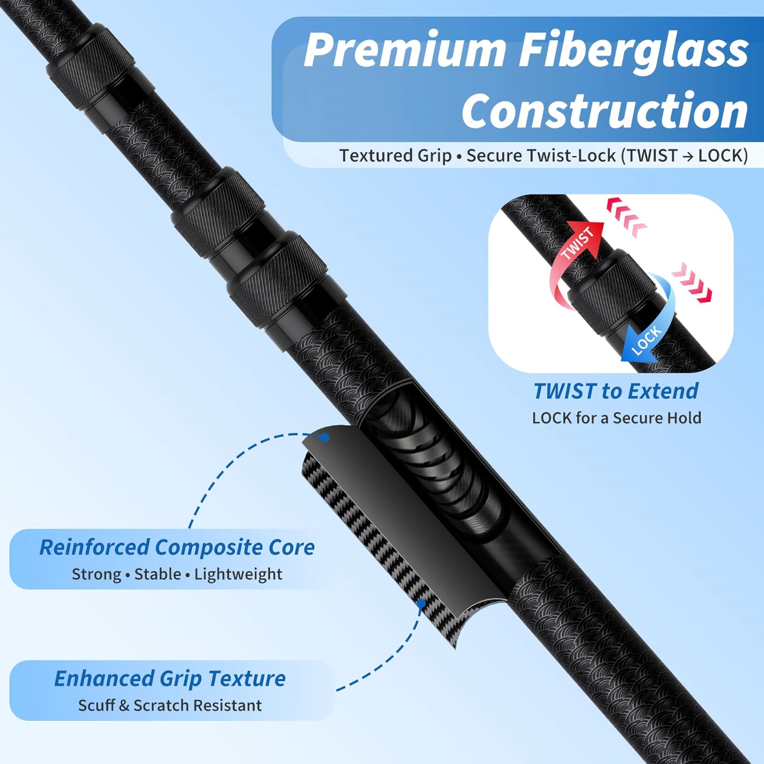 Fiberglass Telescoping Boat Hook for Docking, Insulated Floating Push Pole with Non-Slip Rubber Tip, Scratch-Resistant & Sturdy, Lightweight, 3/4" Thread Screw End