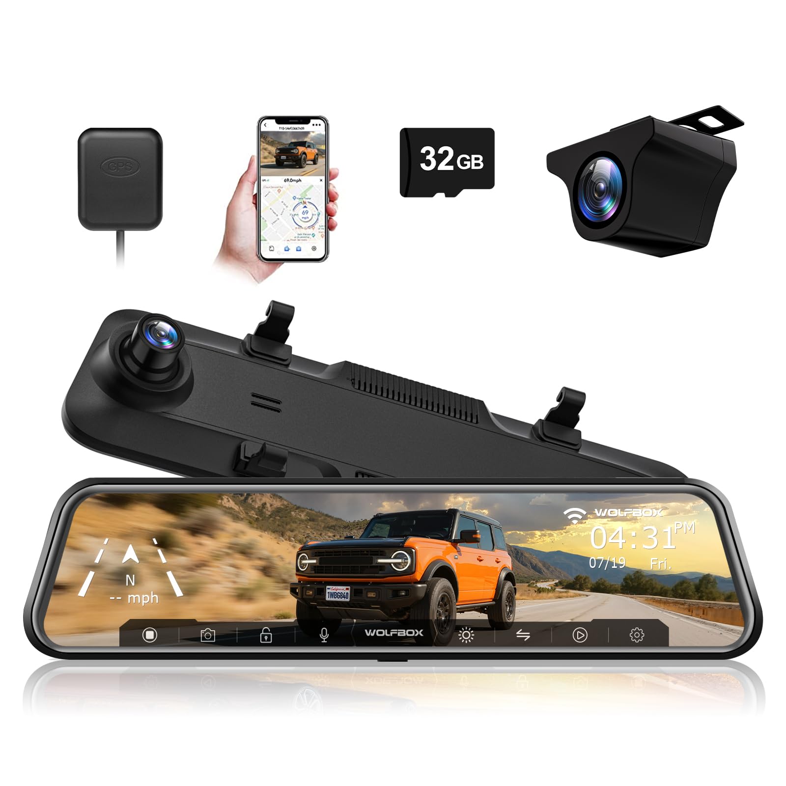 WOLFBOX G840H 12" Touchscreen Mirror Dash Cam with WiFi, 2.5K Rear View Mirror Camera with 1080P Rear Camera, Mirror Dash Camera for Car Front and Rear, Parking Mode, WDR, Included 32GB Card and GPS