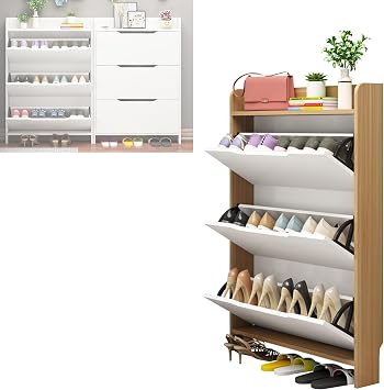 Space Saving Shoe Storage, Slim Shoe Cabinet with Hidden 3 Tier Tipping Bucket Ultra Thin Shoe Storage Organizer for Entryway Closed Shoe Rack for Front Door Wall