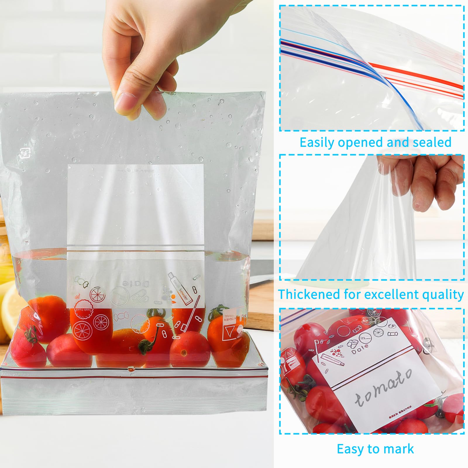 Worki do przechowywania żywności, 130 sztuk, wielokrotnego zamknięcia, bez BPA, szczelne worki na żywność z zamkiem strunowym Ziplock, do zamrażarki, worki na kanapki, owoce, warzywa