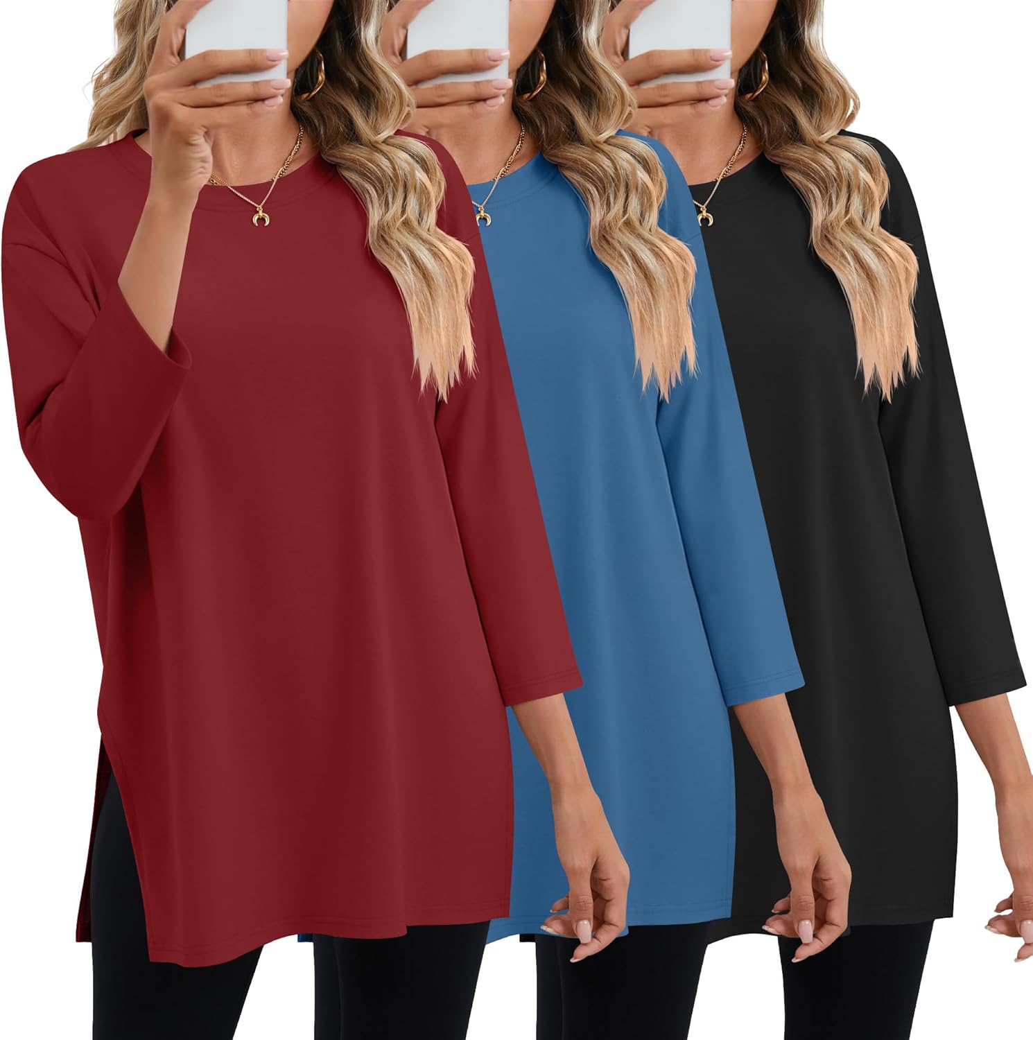 Huukeay 3 Pack Women's Oversized T Shirts Workout 3/4 Sleeve Top Loose Side Split Gym Elbow Crewneck Casual Clothes Tee
