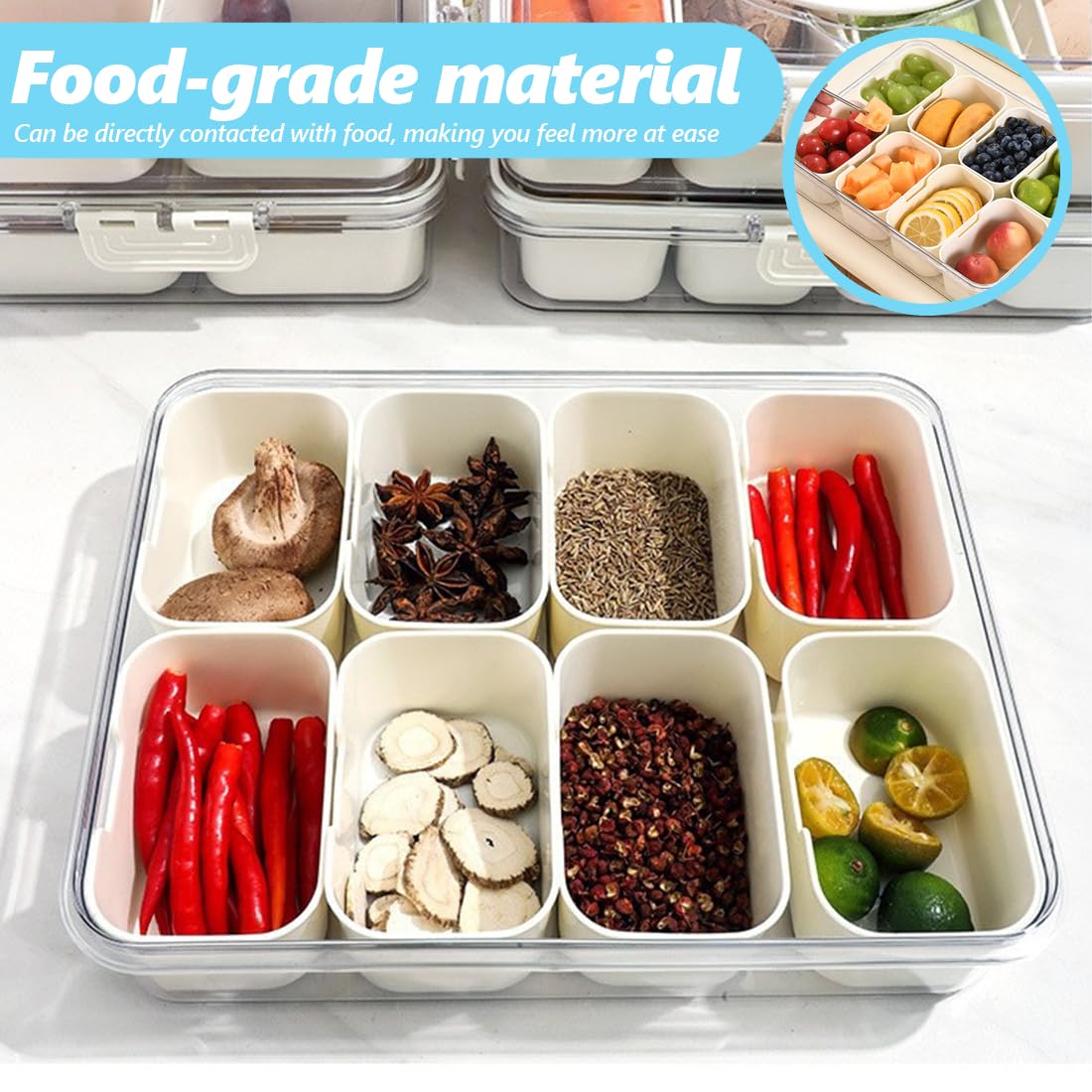 2 scatole per snack con coperchio e manico, vassoio riutilizzabile con 8 scomparti rimovibili, per cucina, feste, picnic, snack per noci, patatine, verdure, spezie, caramelle, frutta e salse