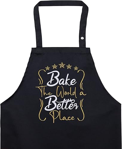 Divertido delantal con eslogan para los amantes de la repostería "BAKE THE WORLD A BETTER PLACE" Delantales ajustables con bolsillo para mujeres y