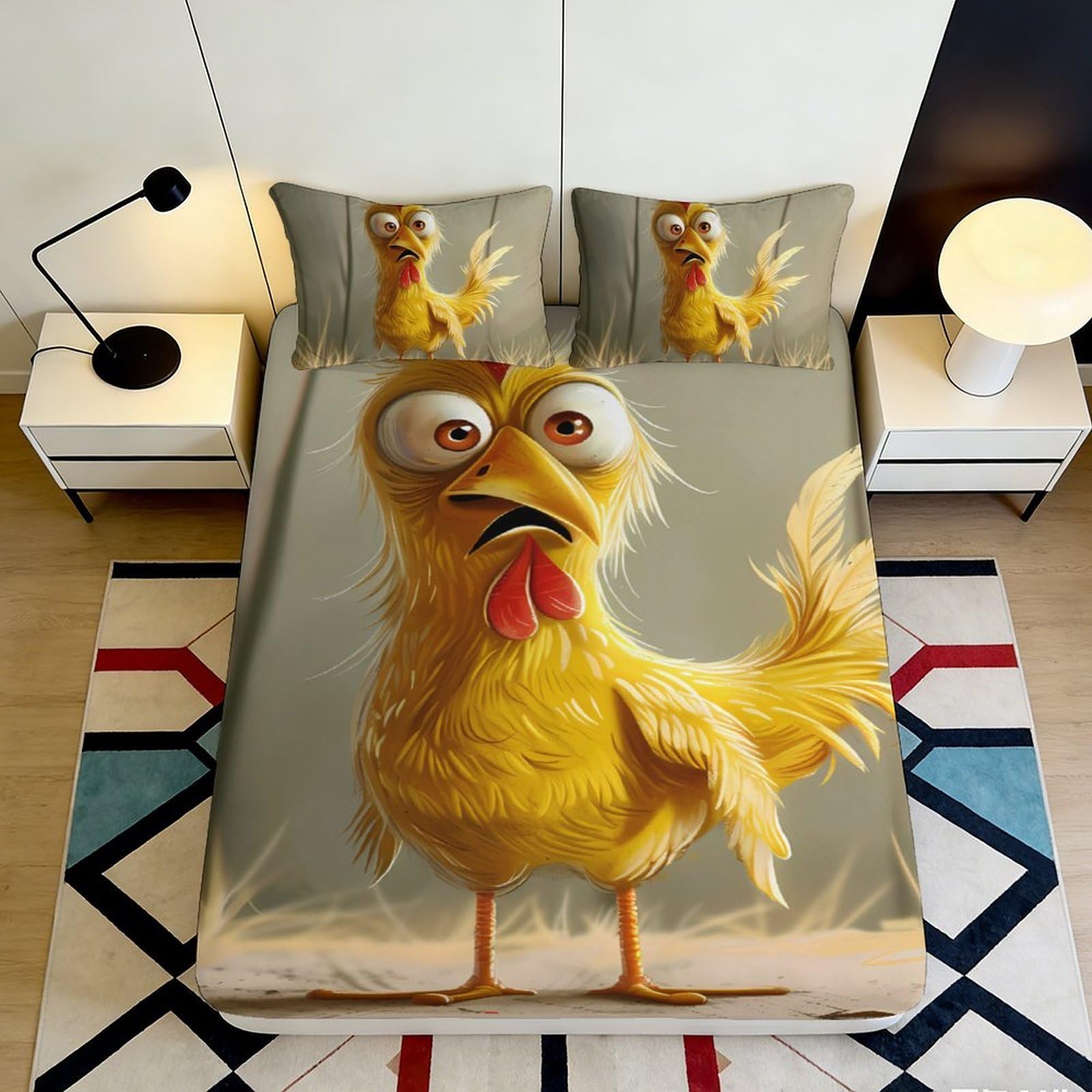 3D Printed Funny Cartoon Chicken Fitted Sheet Microfiber Soft Yellow Animal Bed Cover for Bedroom Dorm Mattress Decor 120x200x25cm