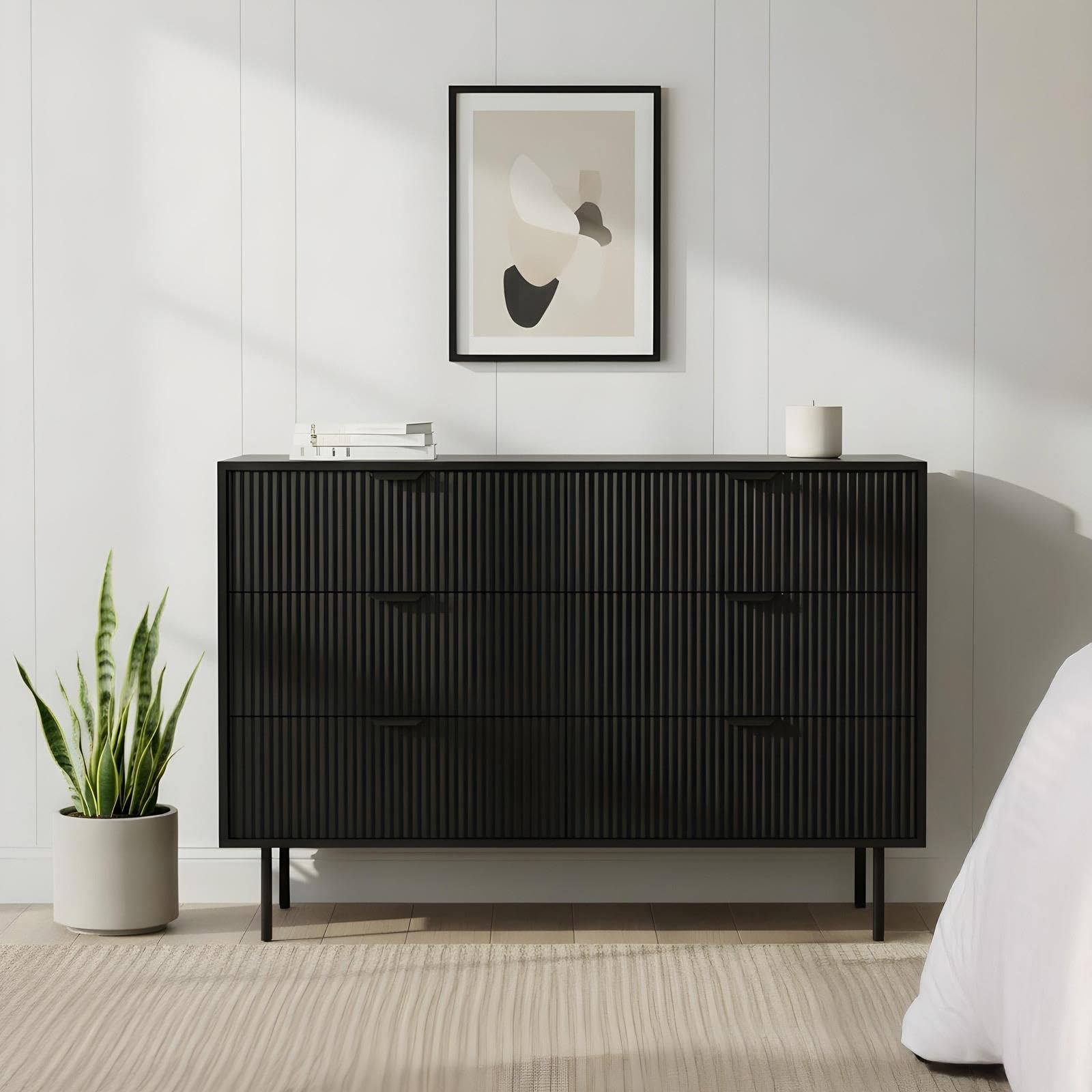 OHS 6 Drawer Chest of Drawers Bedroom Ribbed, Modern Space Saving Storage Wooden Cabinet with Metal Handles Storage Drawers Dresser for Bedroom Living Room Office, Black